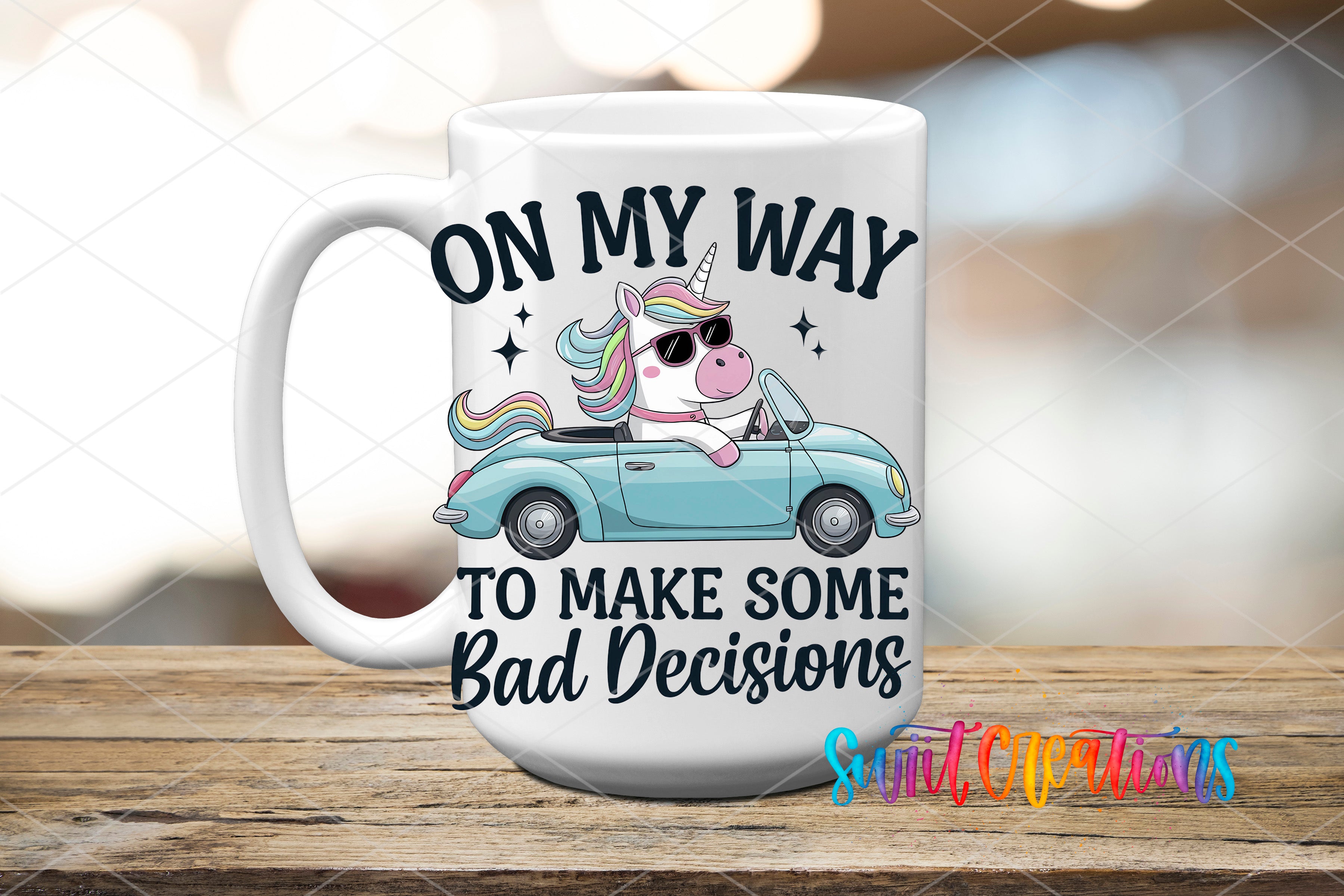 a coffee mug with a unicorn driving a car