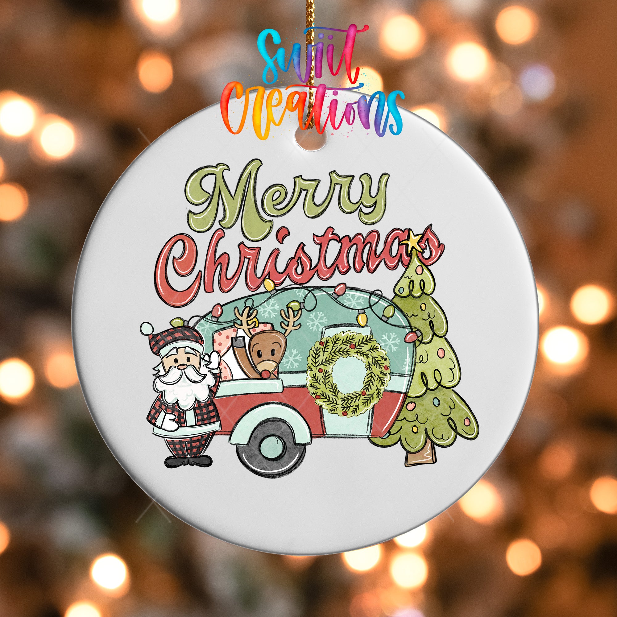 A white ornament with a Christmas-themed design, featuring Santa Claus, a camper van, and Christmas trees.