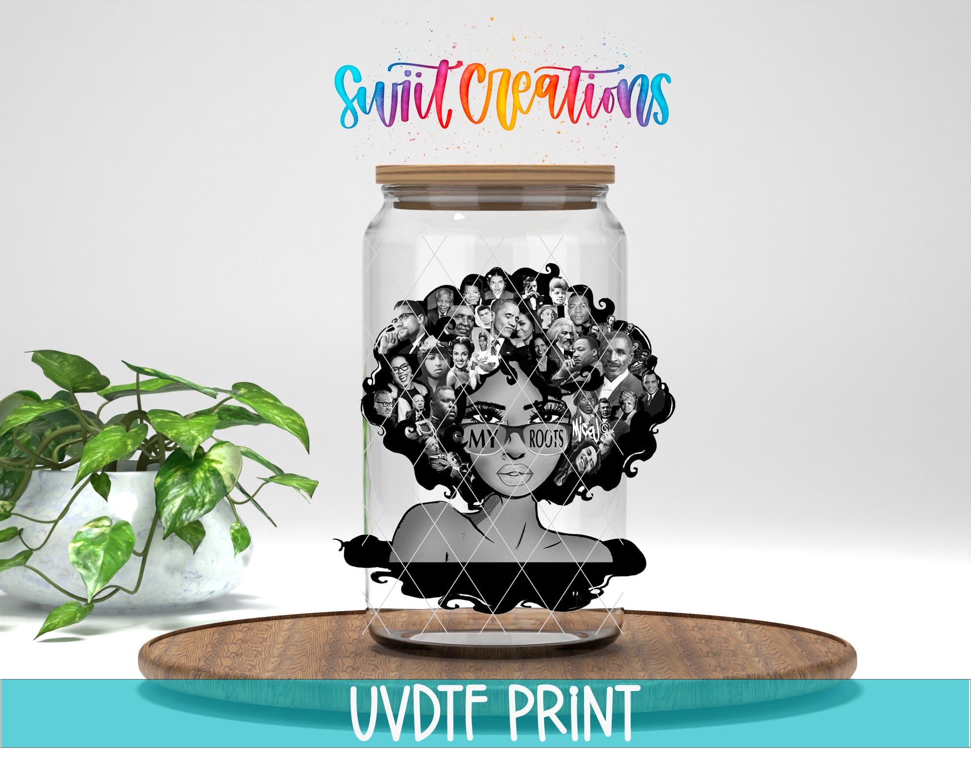 a glass jar with a black and white illustration of a woman's face surrounded by a collage of various people's faces, along with the text "My Roots" and "Swift Creations" above the jar.