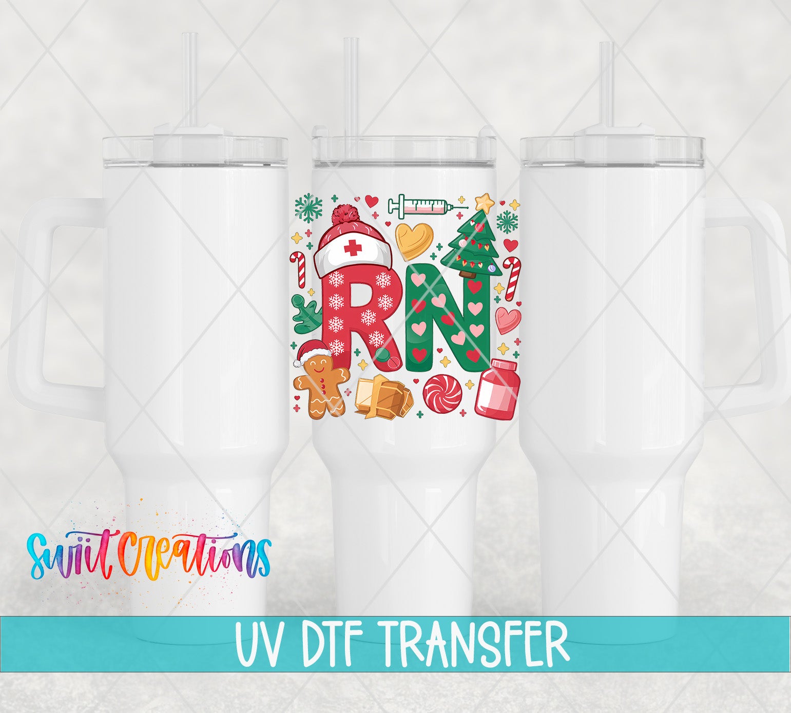 three white tumblers with a colorful design on the front, including a Christmas tree, candy canes, and other festive elements.