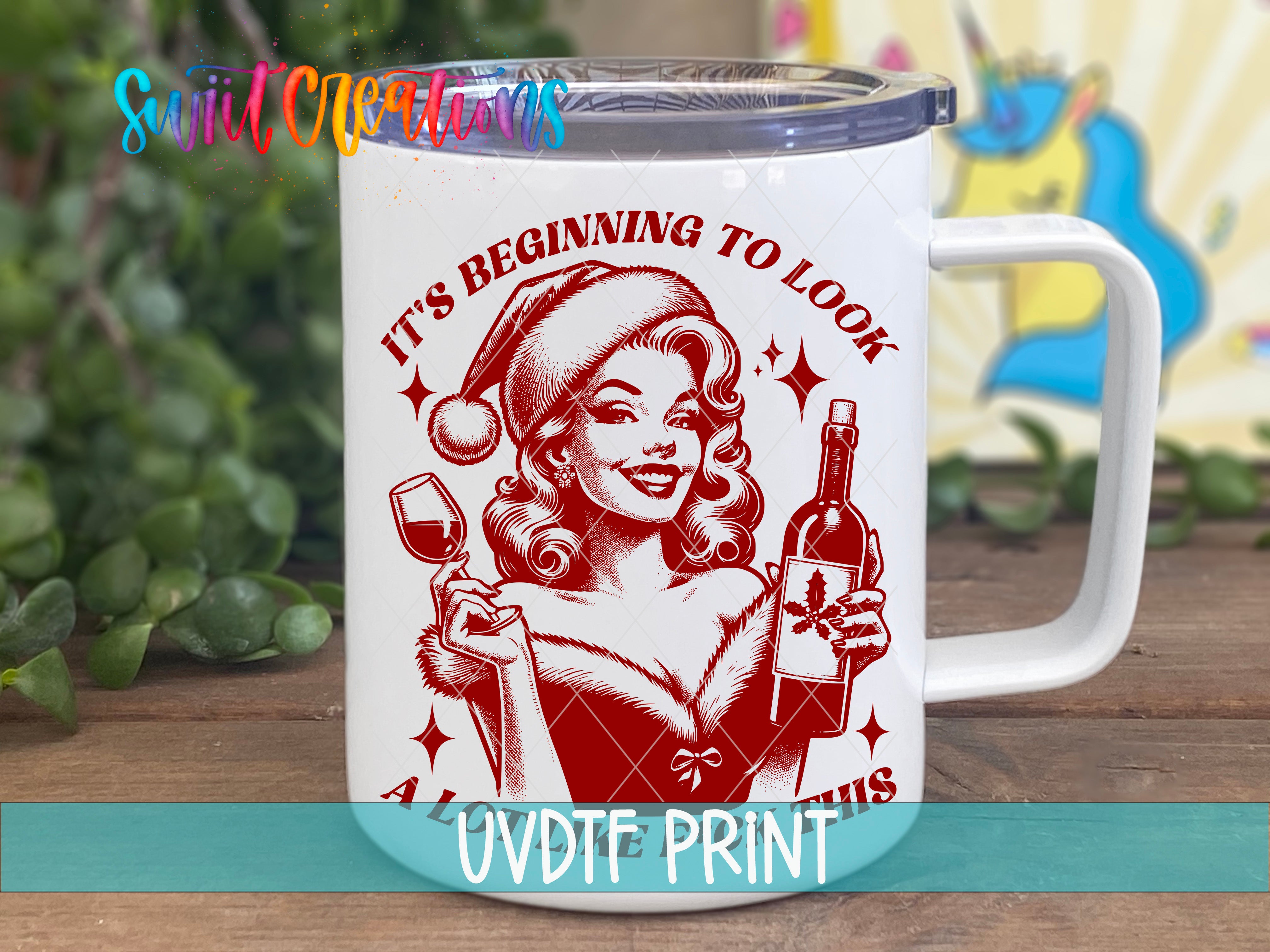 a coffee mug with a picture of a woman holding a bottle of wine