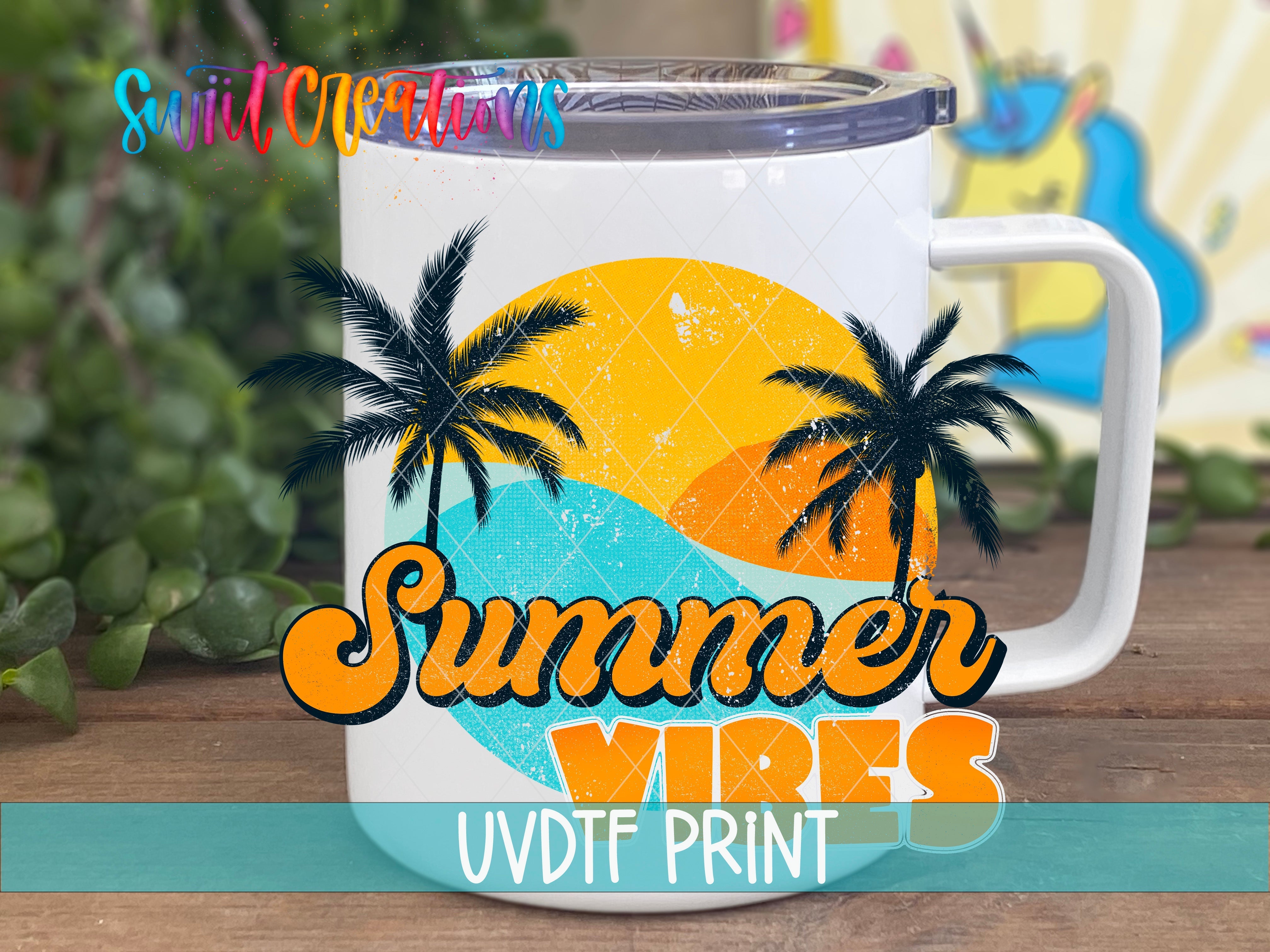 a white coffee mug with the words summer vibes on it