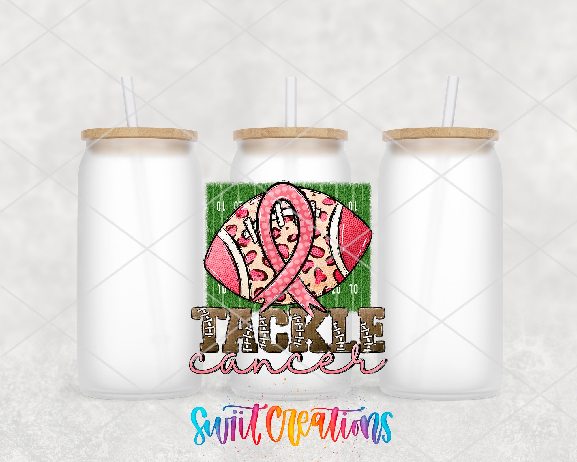 two white jars with pink ribbon and leopard print on them