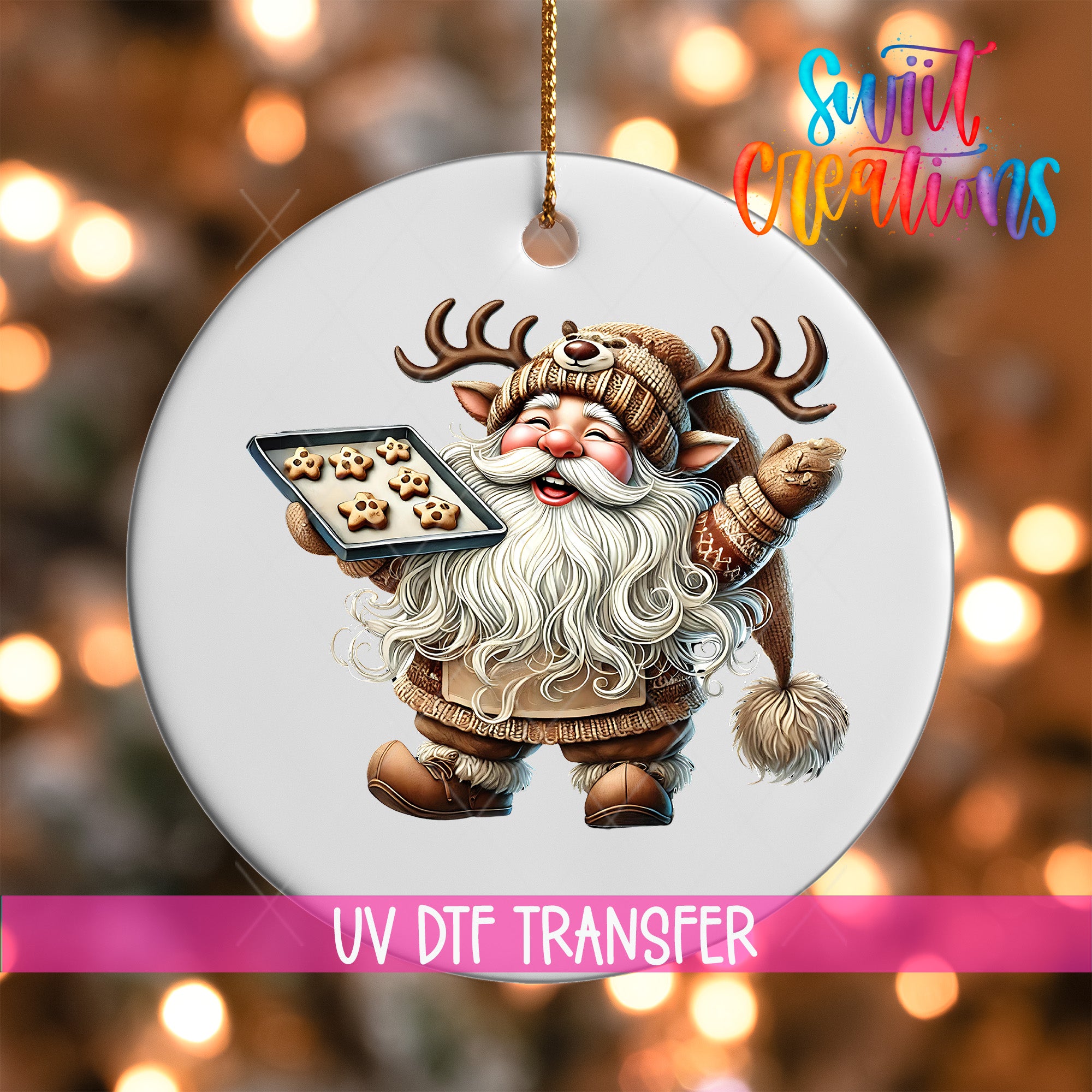 A white ornament featuring a smiling, bearded Santa Claus holding a tray of cookies.