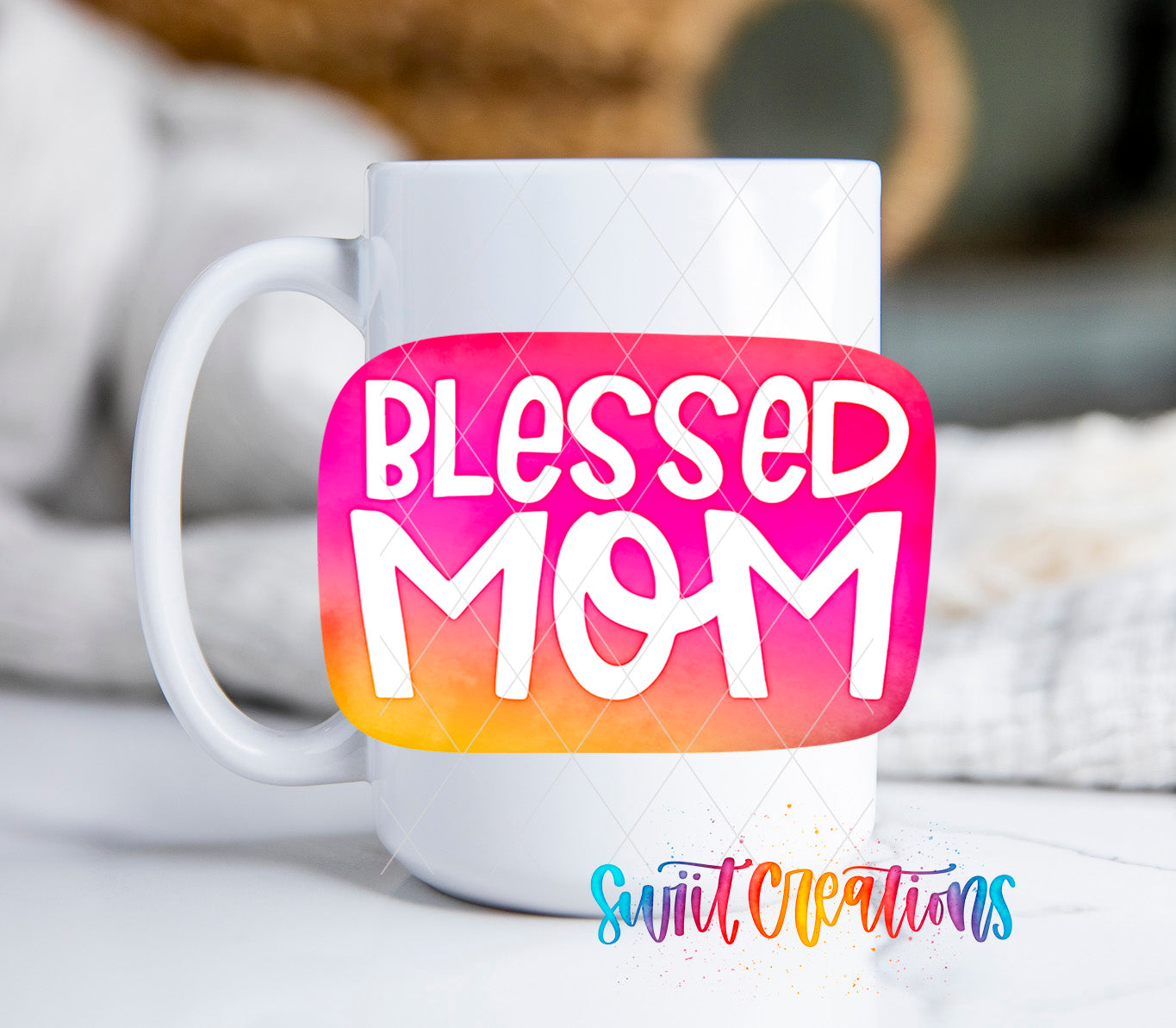 a coffee mug with the words, blessed mom on it