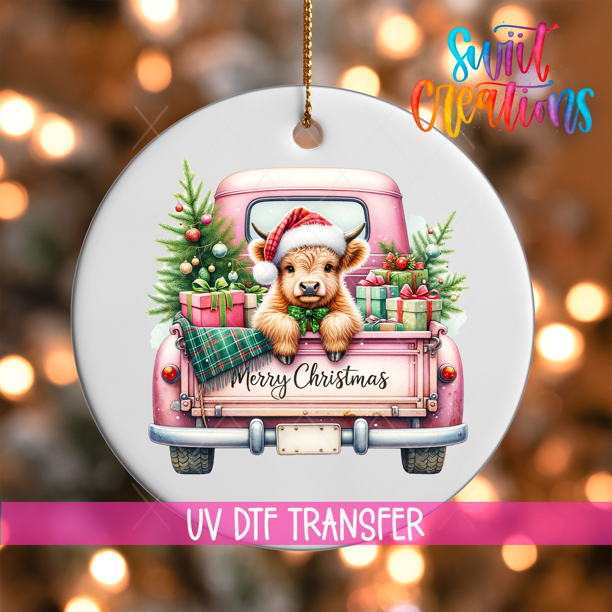 A Christmas ornament featuring a dog in a pink truck, surrounded by a Christmas tree, presents, and a "Merry Christmas" sign.