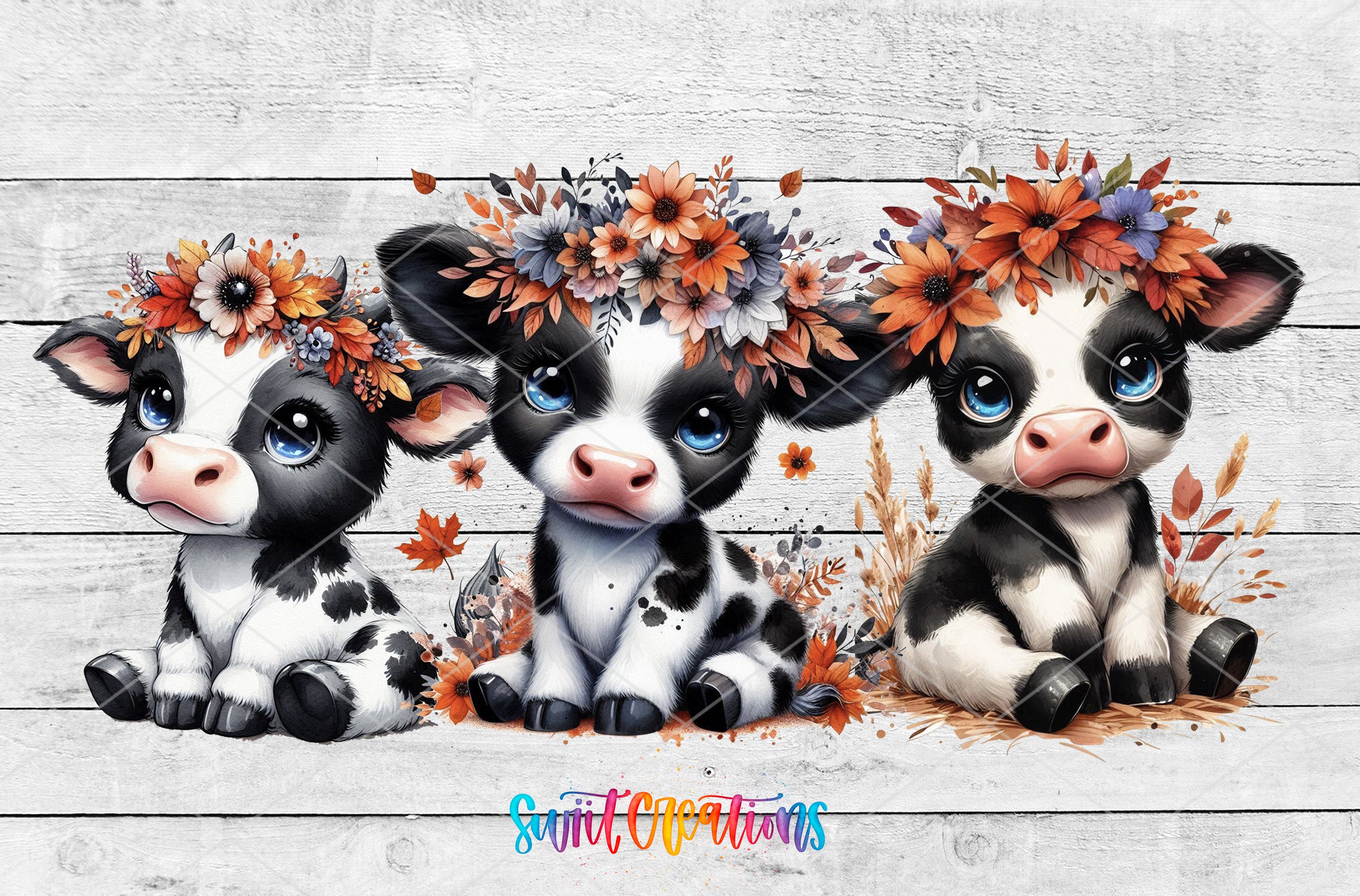 Three cute black and white cows with flower crowns sitting on a wooden surface.