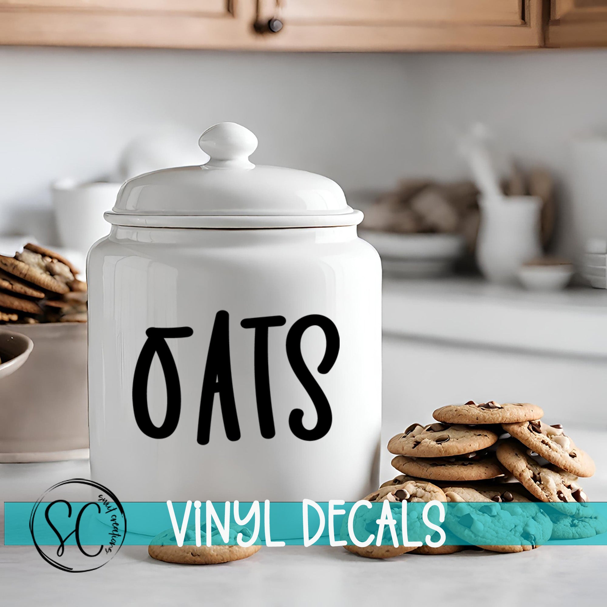 a cookie jar with the word oats written on it