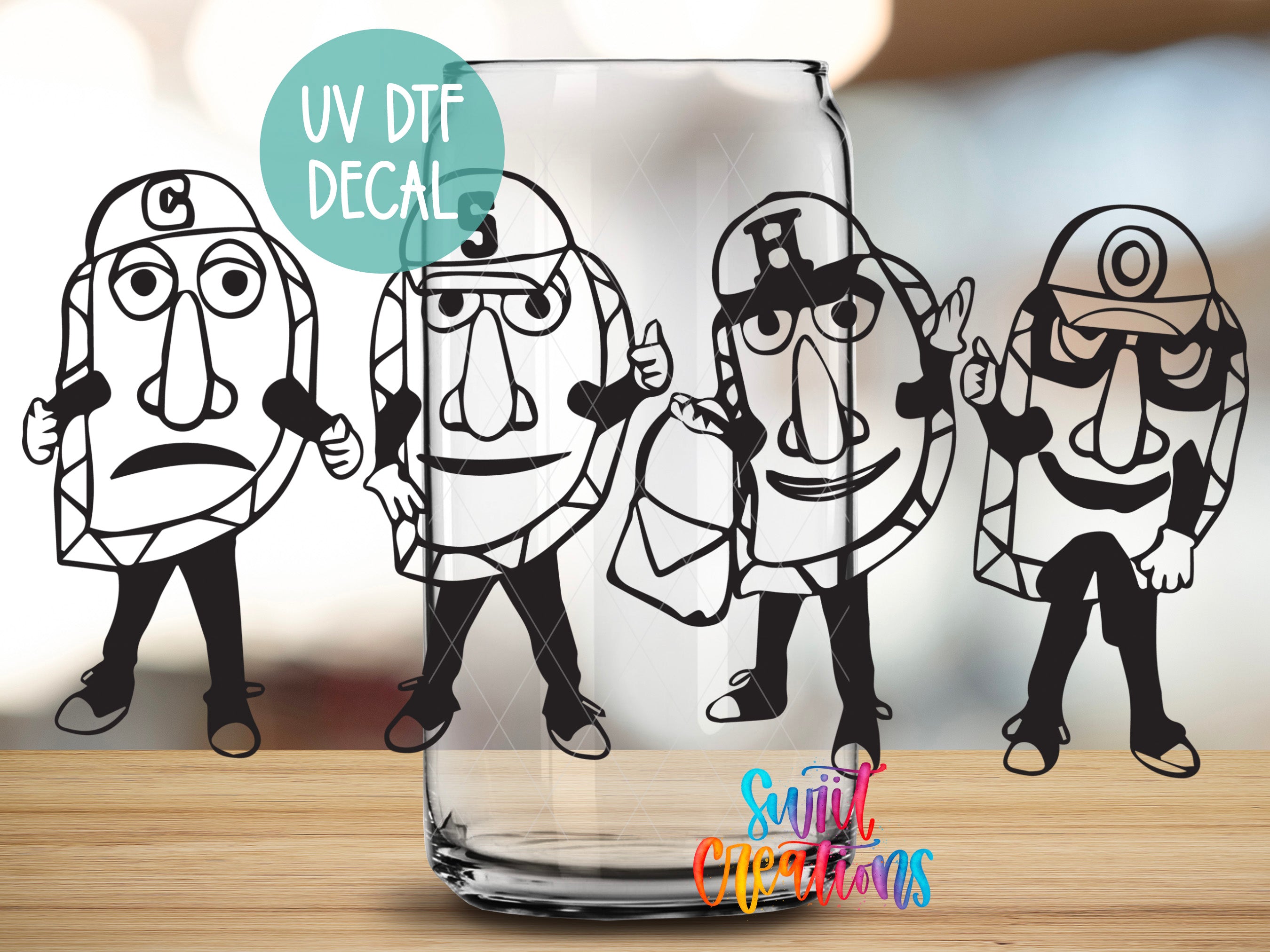 a glass with a drawing of a group of people on it