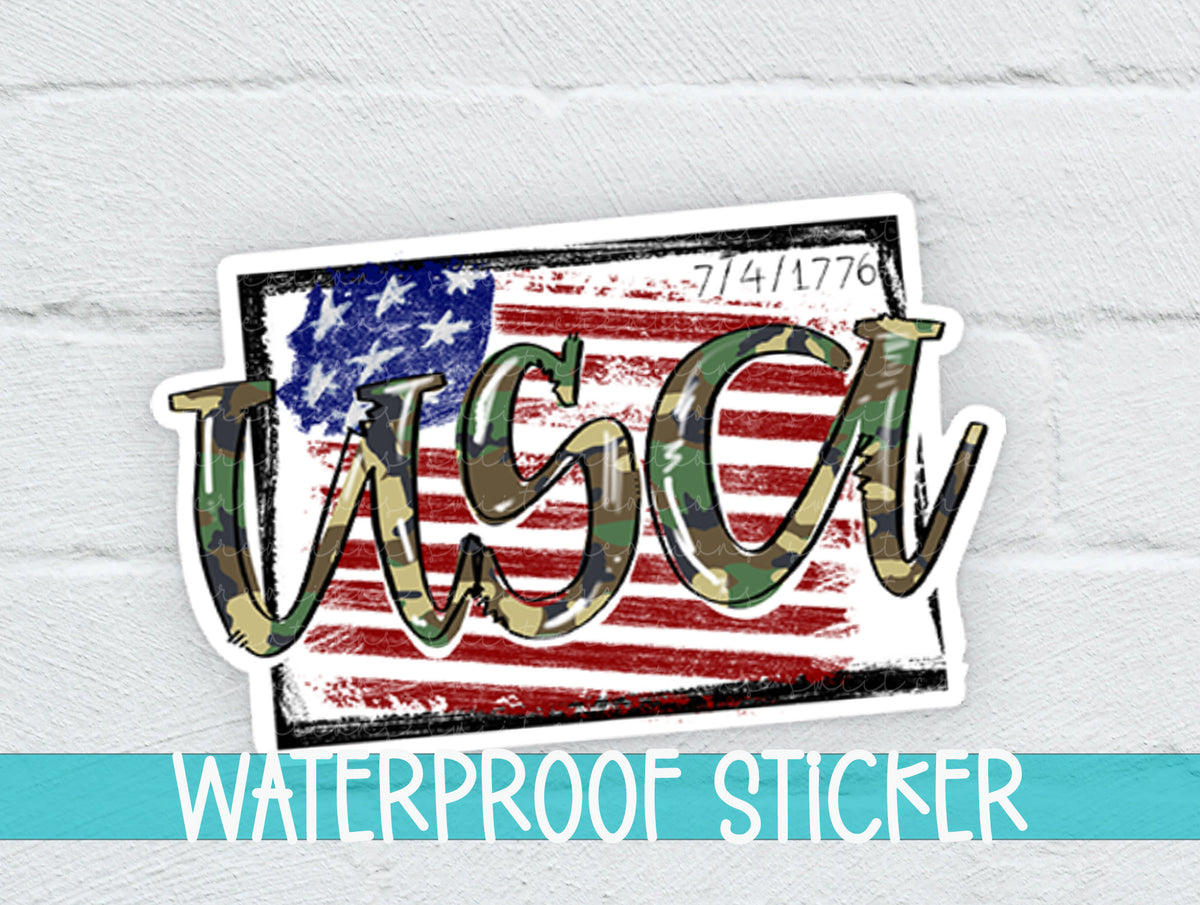 USA Camo sticker on a white brick background with a waterproof sticker banner