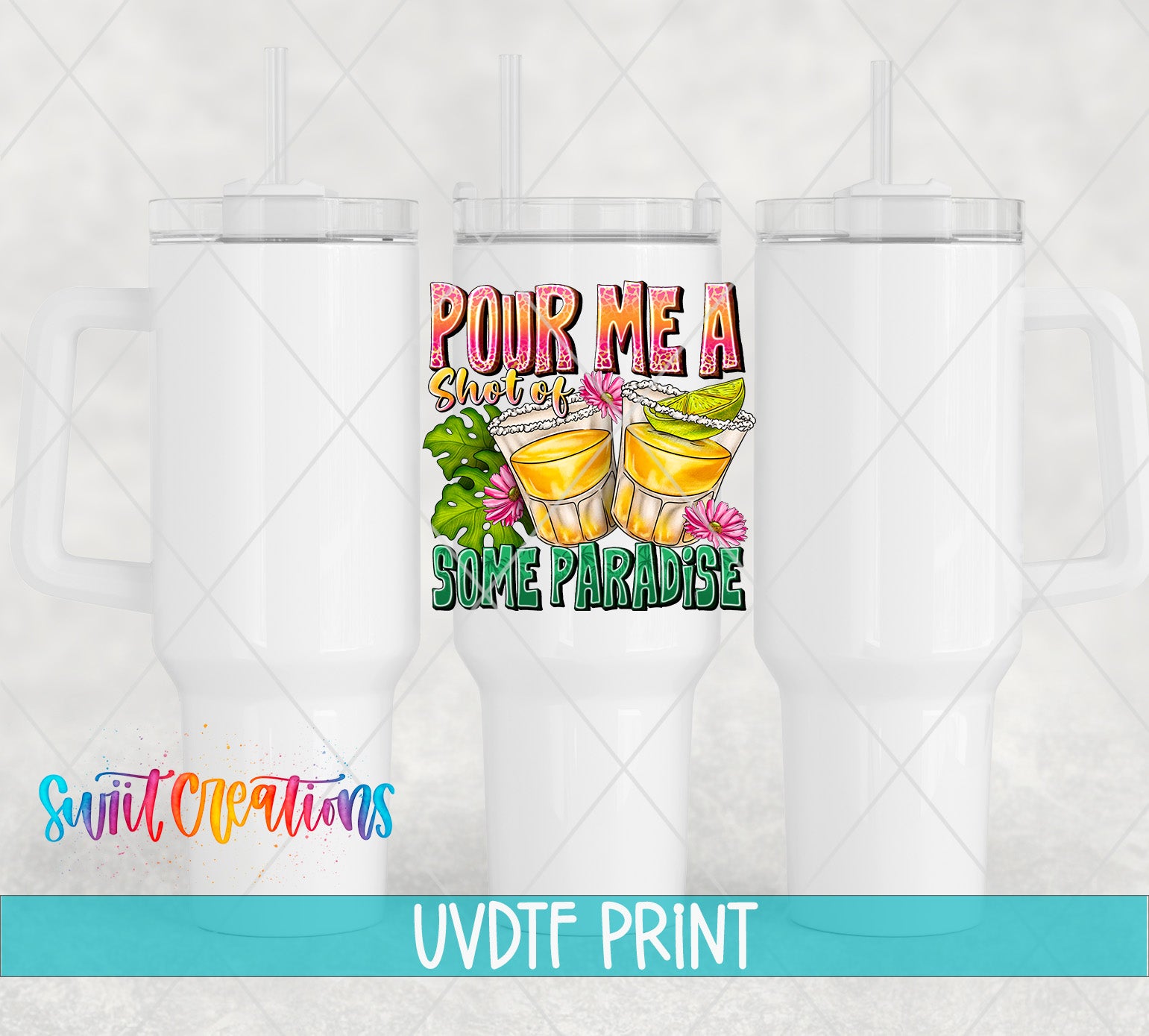 a white tumbler with a colorful graphic design on it, which includes a cocktail glass and tropical flowers.