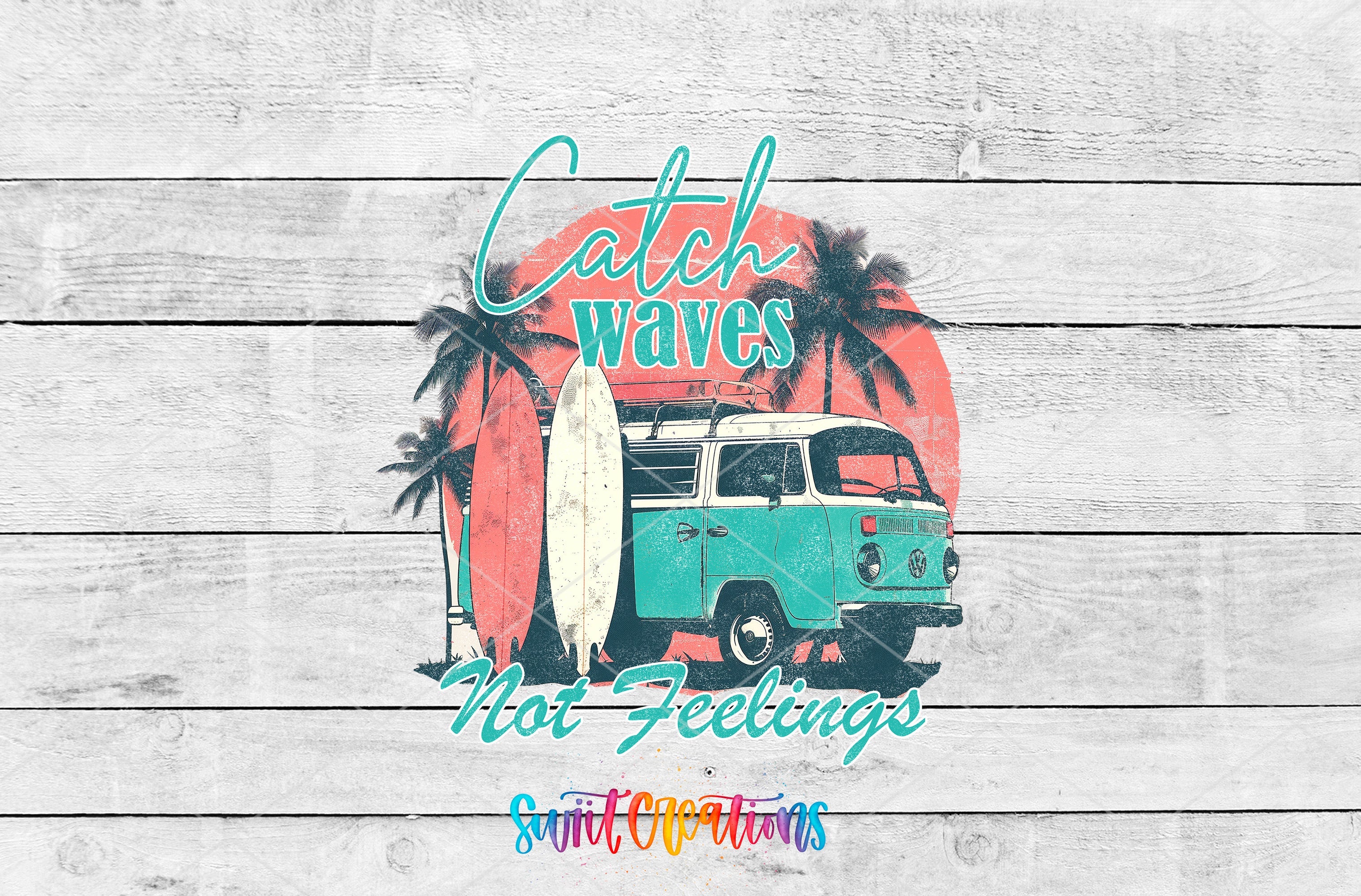 a van with a surfboard on top of a wooden wall