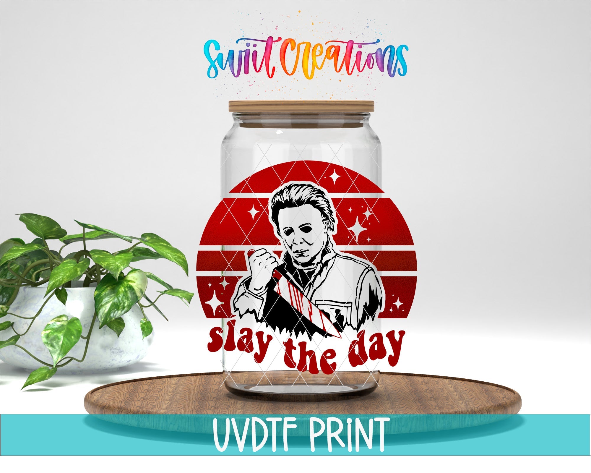 a glass jar with a picture of a man in it
