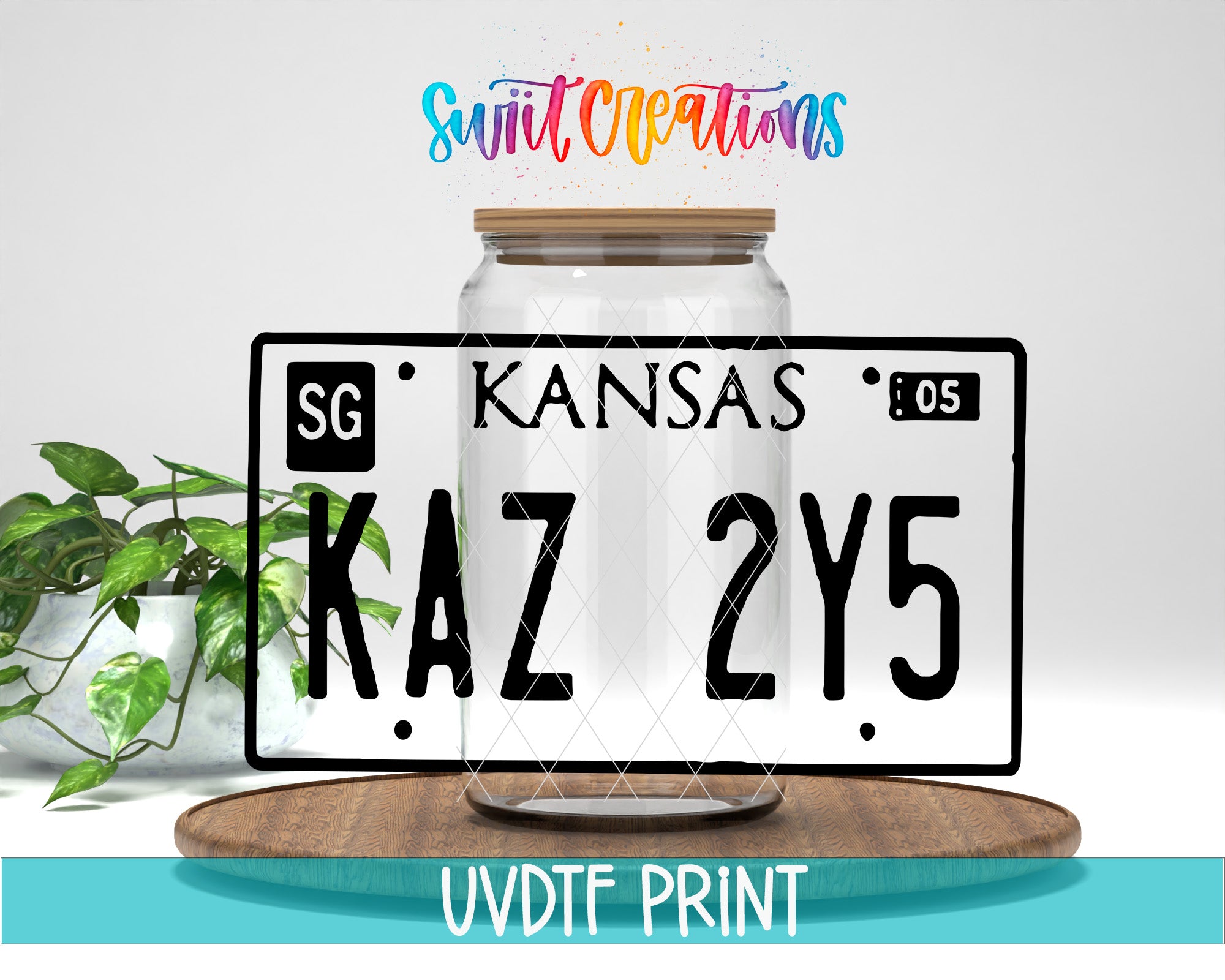 a glass jar with a kansas license plate