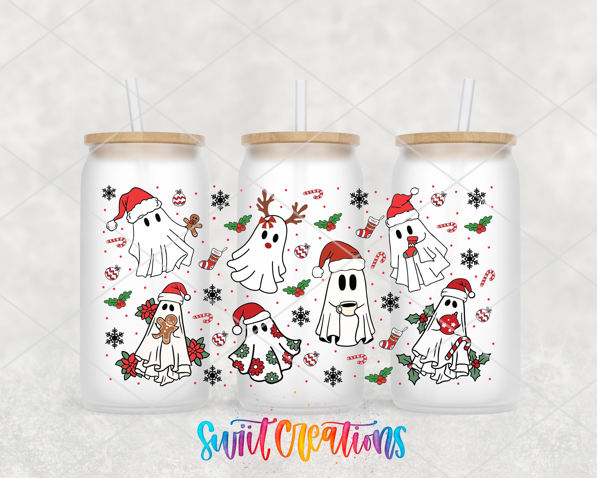 A trio of white tumblers with a festive design featuring ghostly figures wearing Santa hats and surrounded by snowflakes, candy canes, and other holiday-themed elements.
