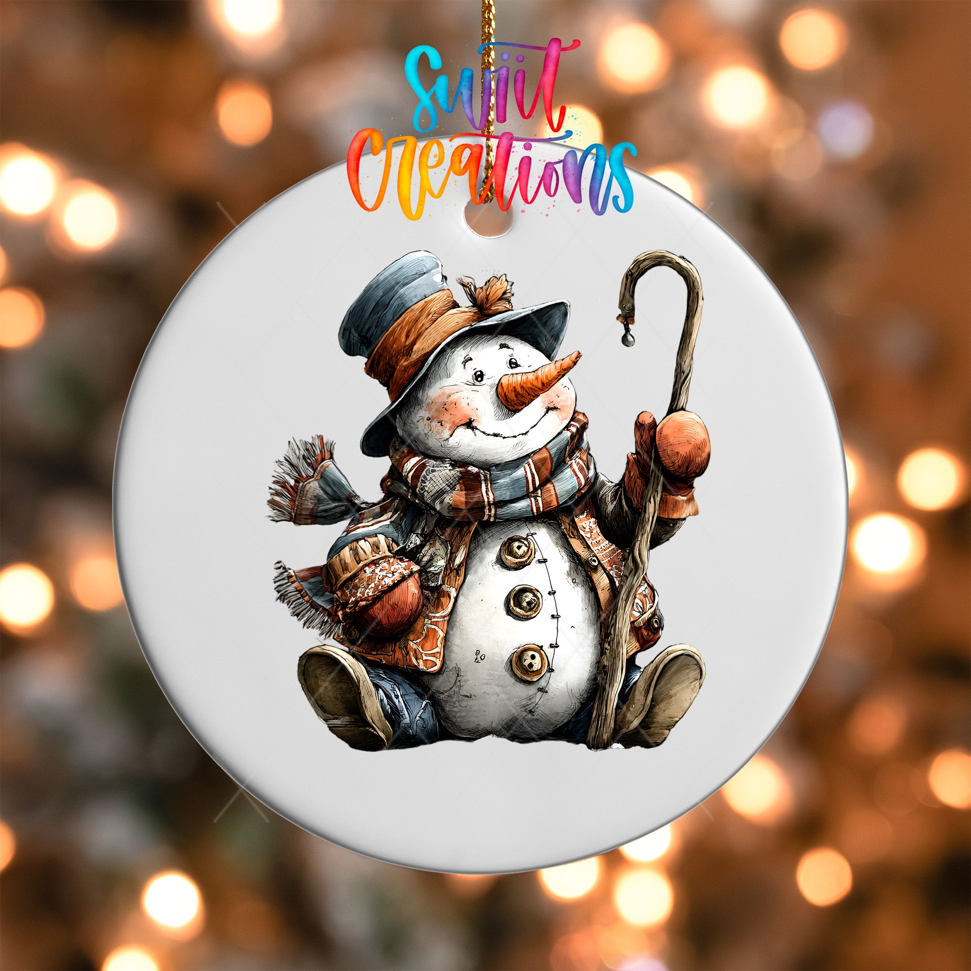 A snowman ornament with a carrot nose and hat, holding a cane, is hanging against a background of colorful lights.