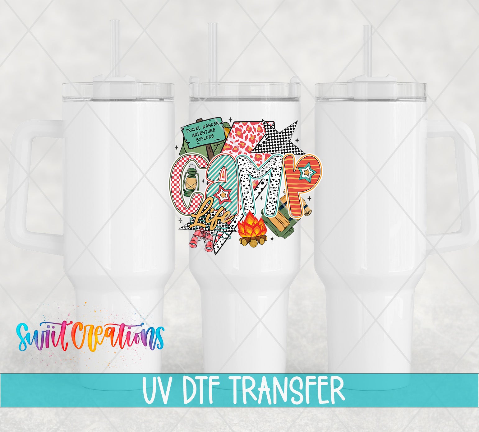 three white tumblers with a colorful, vibrant design on the front, including the word "CAMP" and various other decorative elements.
