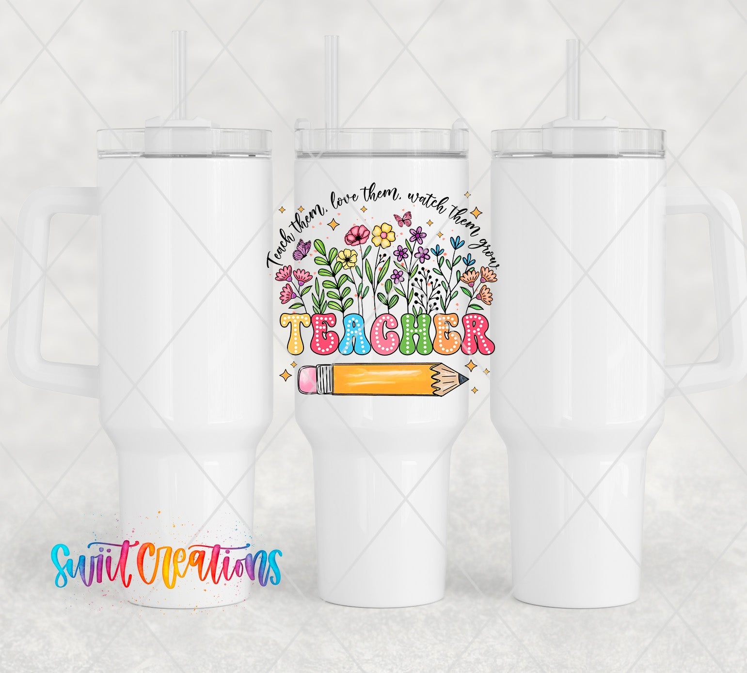 a white tumbler with a picture of a pencil and flowers on it
