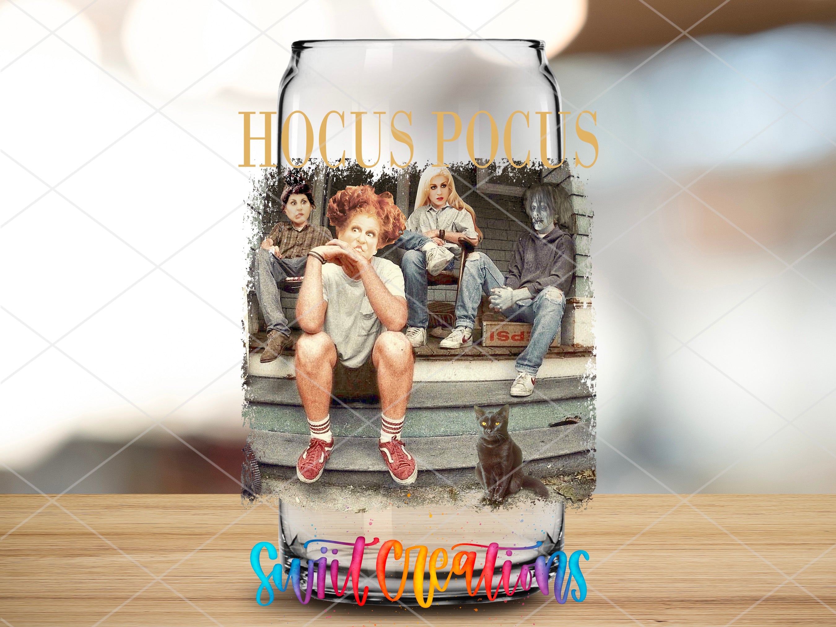 a can with a picture of a group of people on it