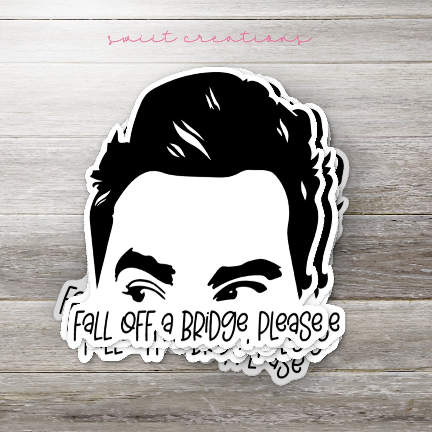 a sticker of a man's face with the words fall off a bridge