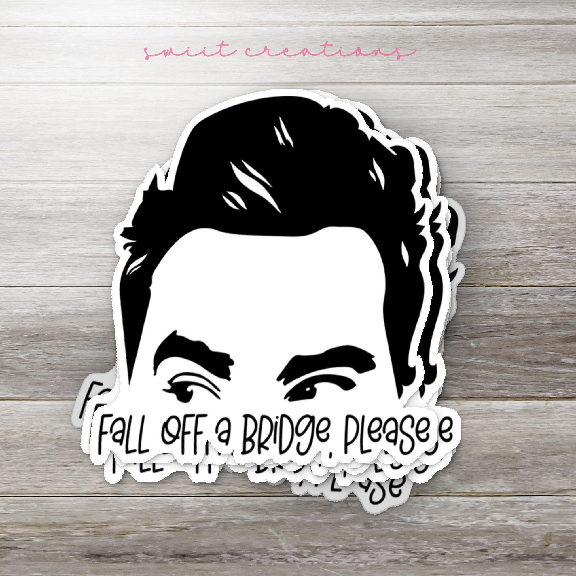 a sticker of a man's face with the words fall off a bridge