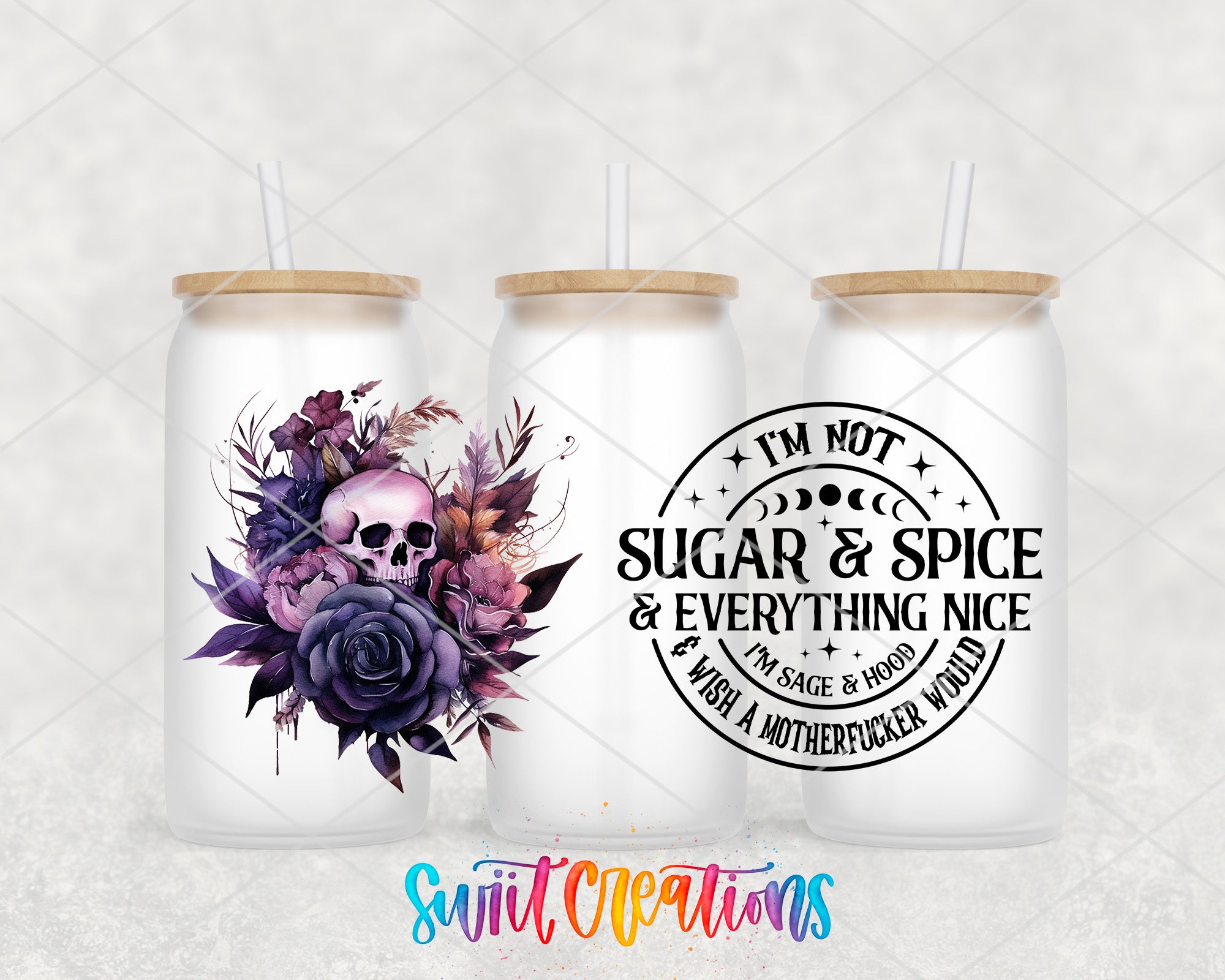 three white glass jars with floral designs and straws on top, arranged in a row.