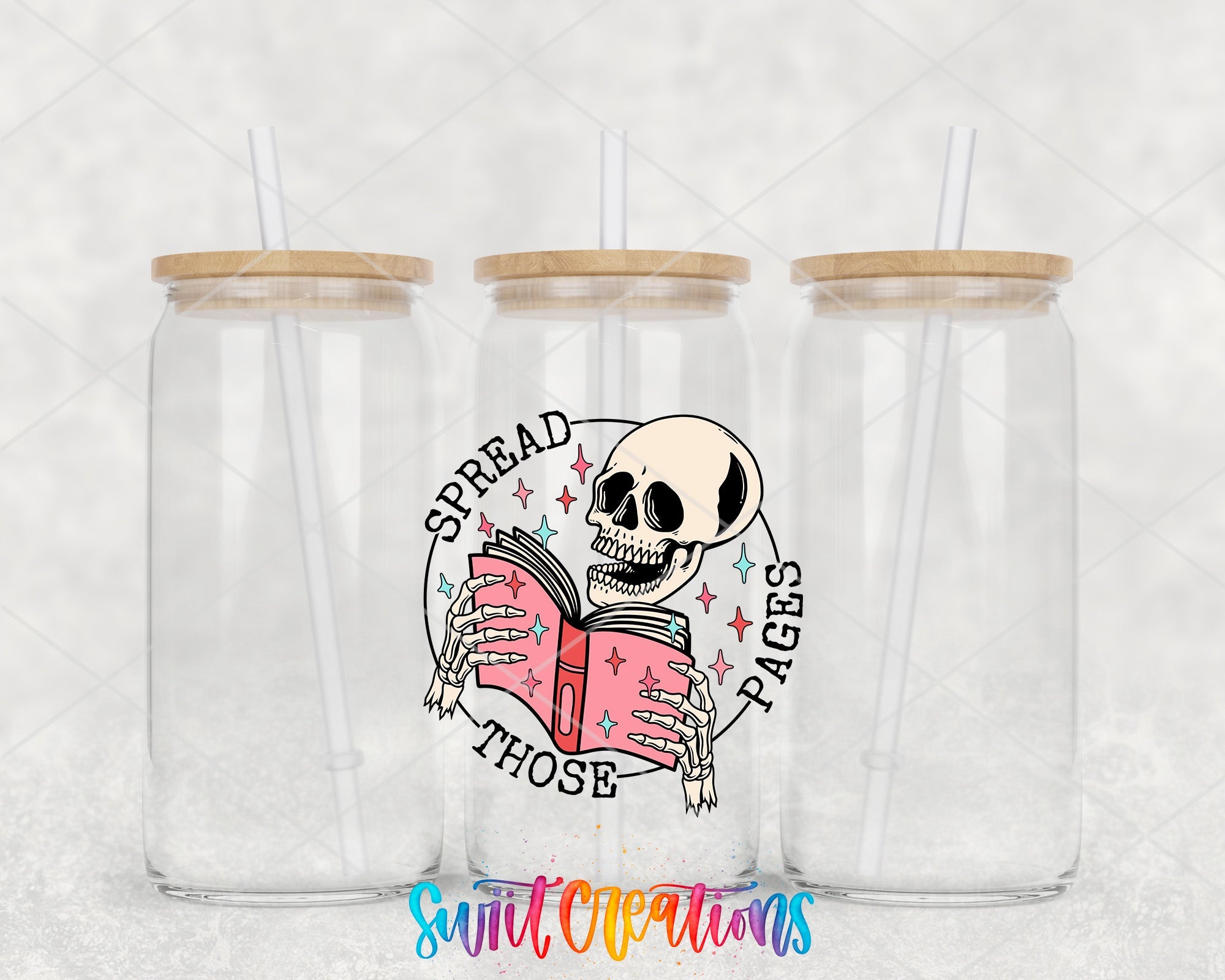 two clear tumblers with a skeleton reading a book