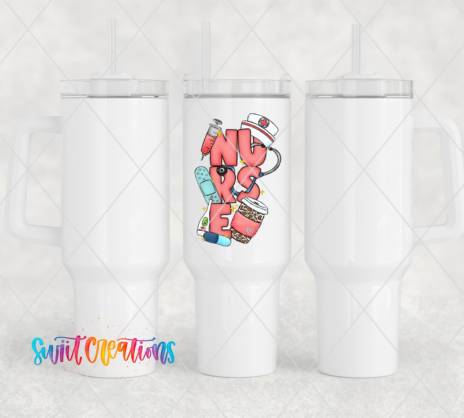 two white travel mugs with a design on them