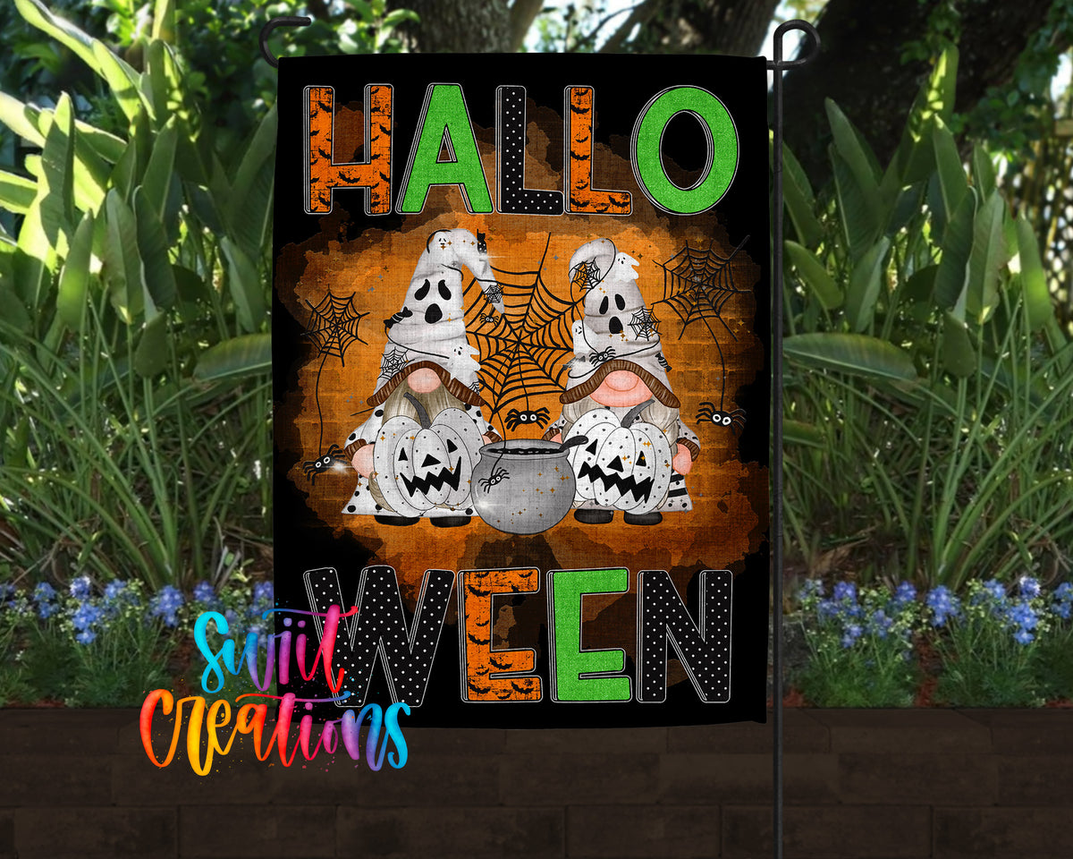 A Halloween-themed garden flag featuring two gnomes wearing ghost costumes and holding pumpkins, with the text "HALLO WELCOME" prominently displayed.
