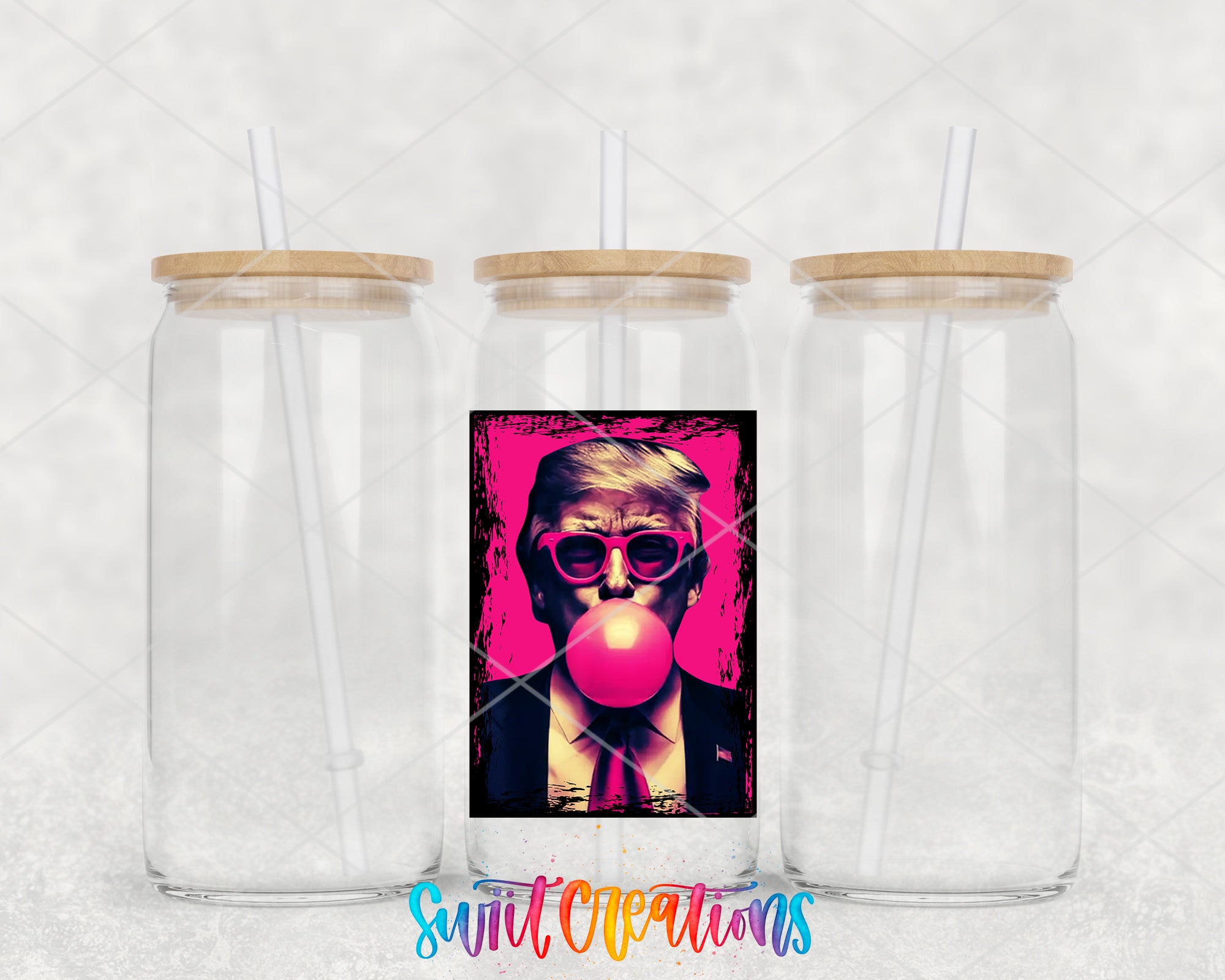 two plastic cups with a picture of a woman blowing a bubble