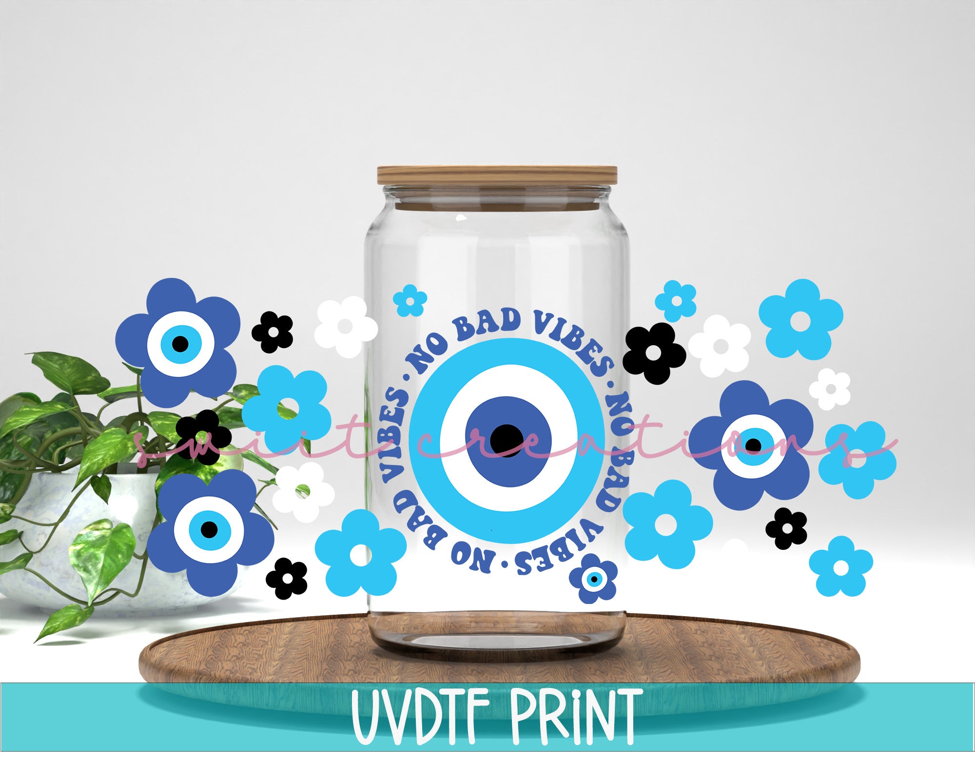a glass jar with a blue and white eyeball on it