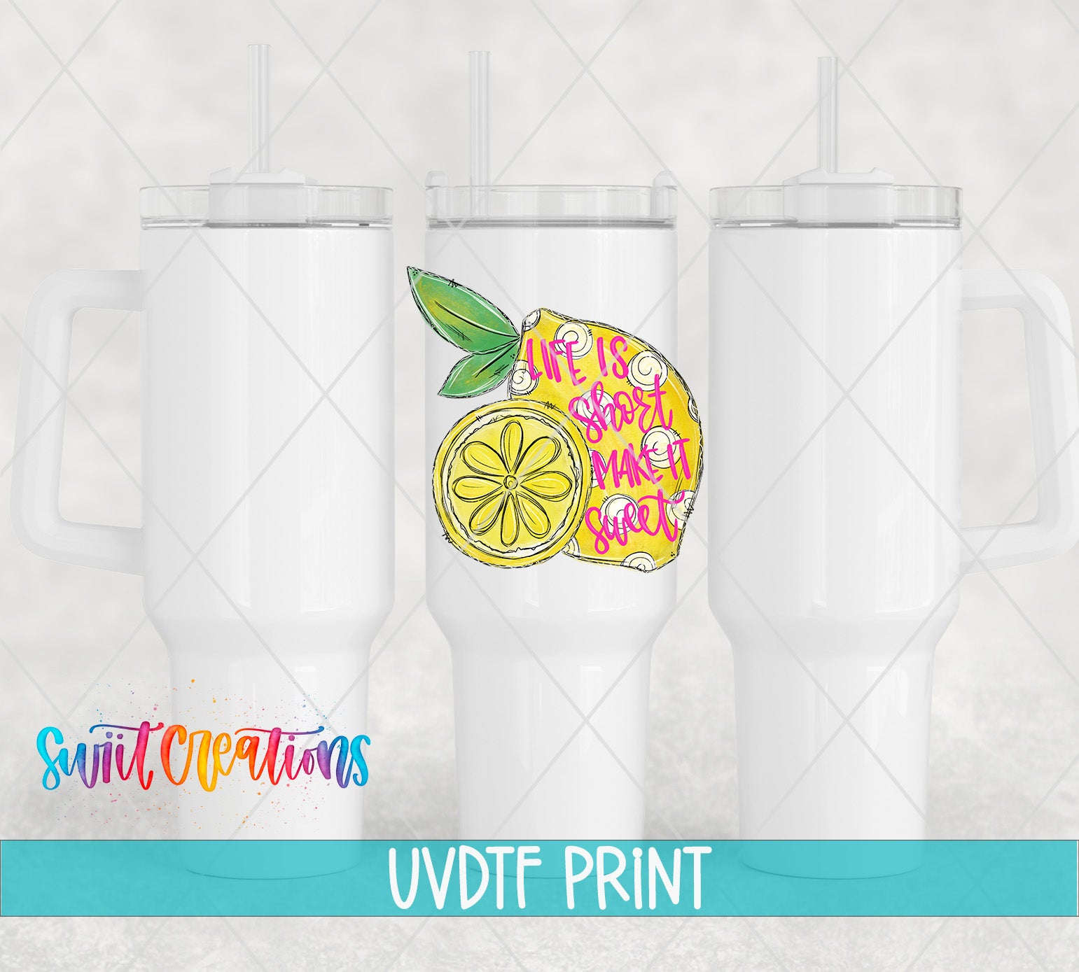 three white tumblers with colorful designs, including a lemon and the text "Love is sweet".