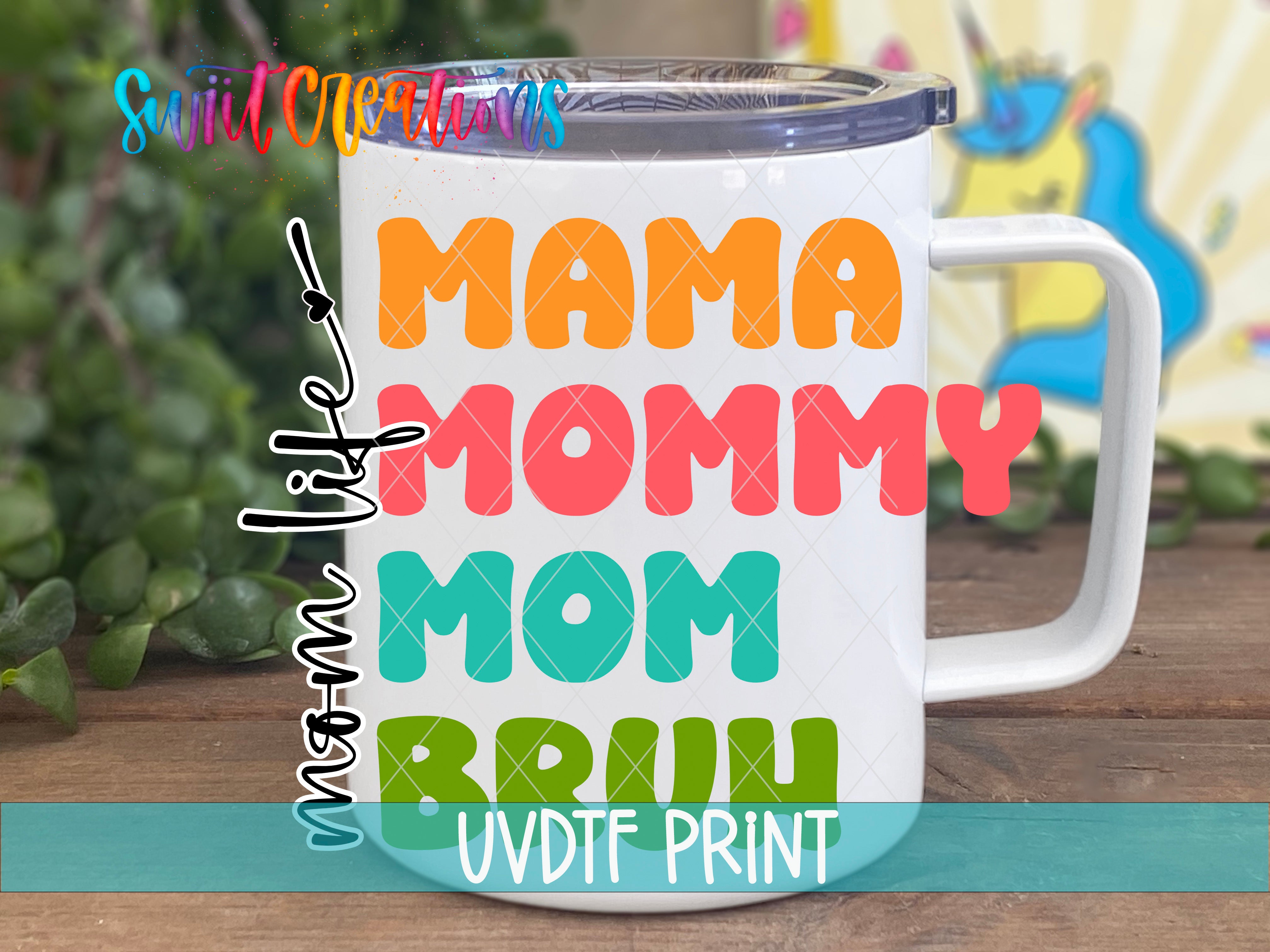 a coffee mug with the words mama, mommy, mom, and brain on it