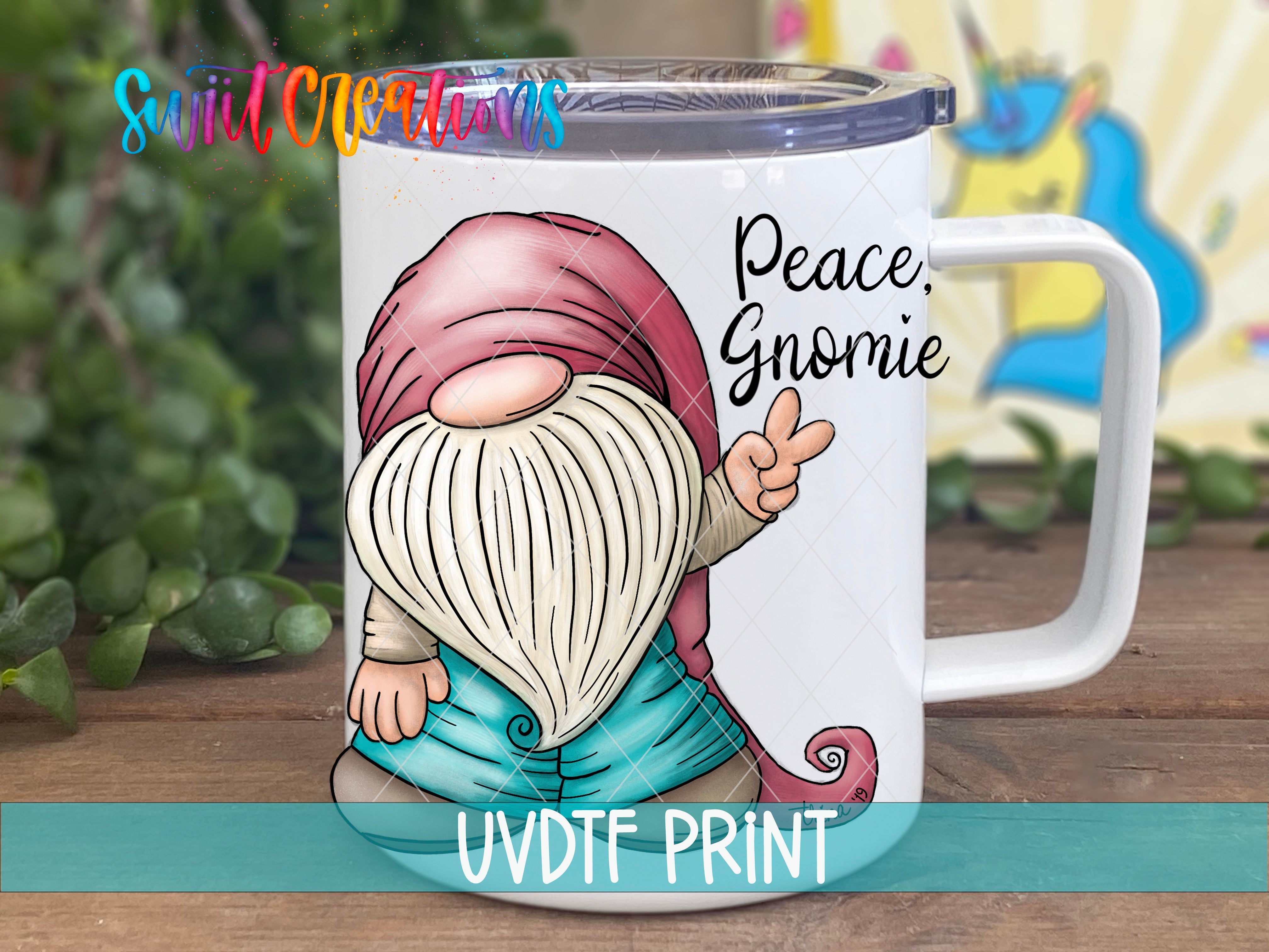 a coffee mug with an image of a gnome on it