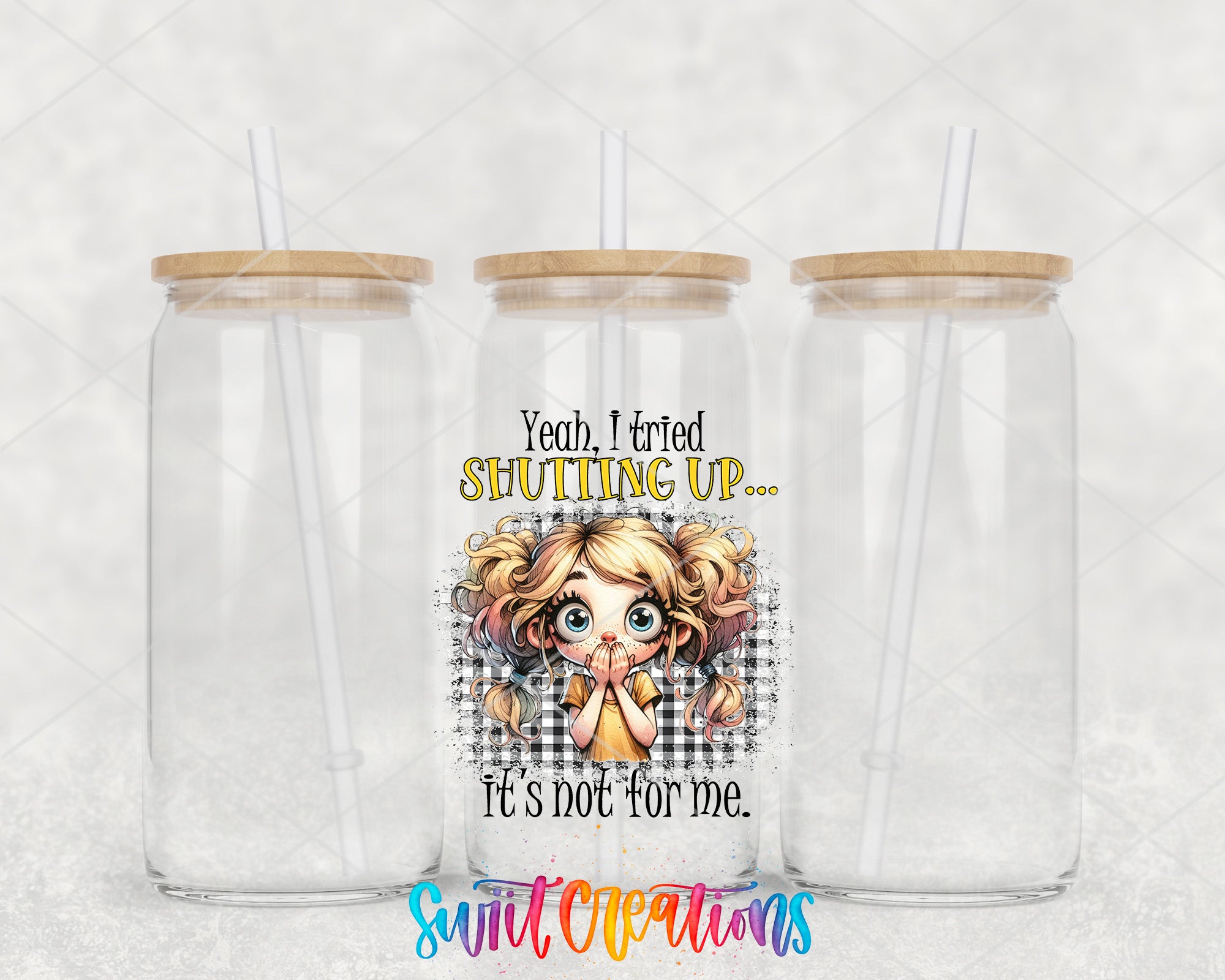 two clear tumblers with a cartoon girl on them