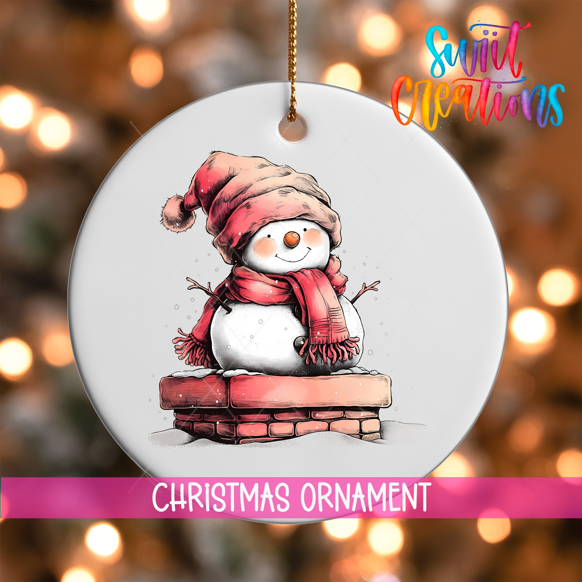 A snowman ornament with a red scarf and hat, sitting on a brick chimney, is the central focus of the image.