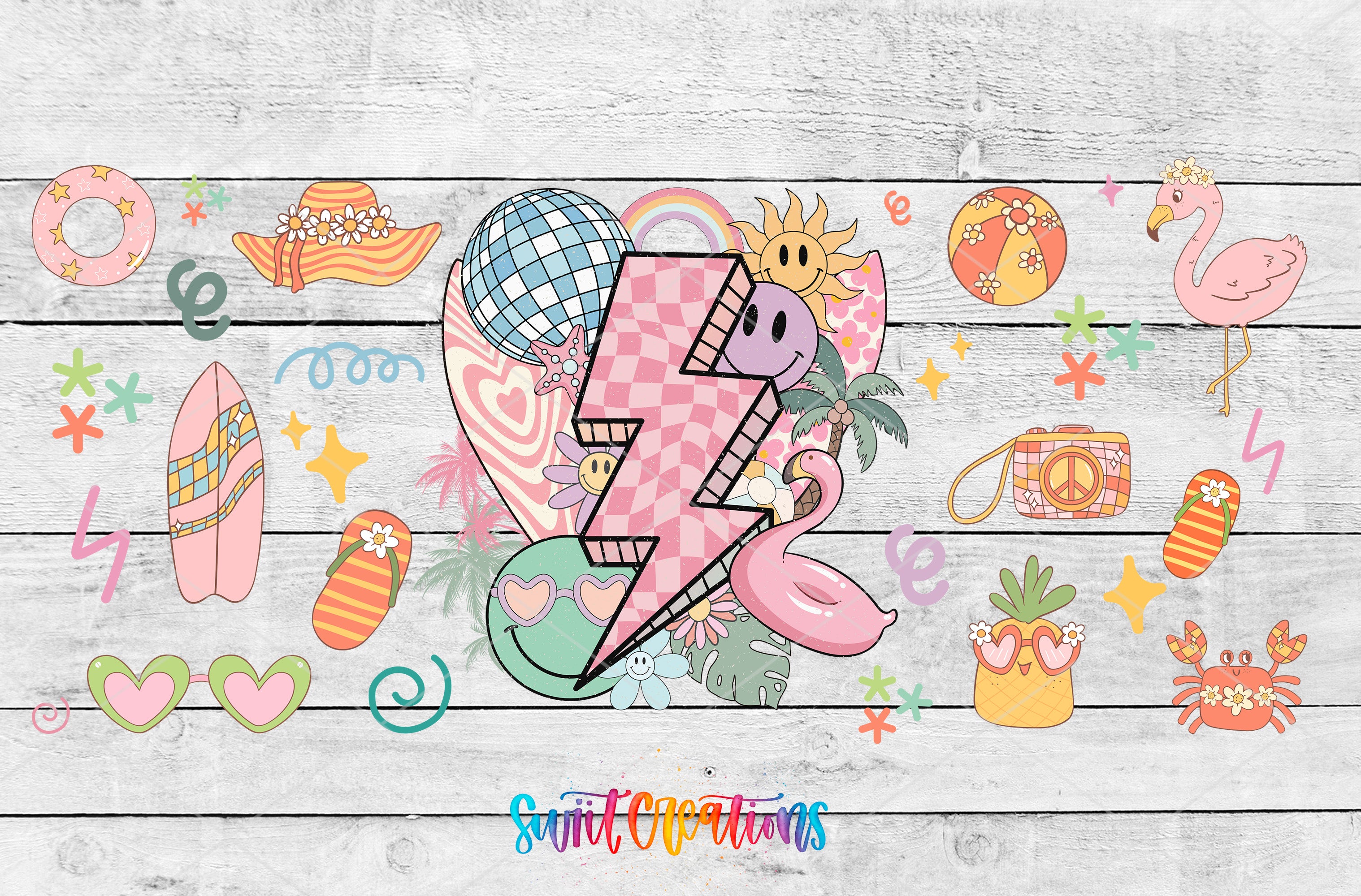 The image is a collage of various colorful and whimsical illustrations, including a lightning bolt, a flamingo, a beach ball, a heart, sunglasses, a peace sign, a camera, a palm tree, a star, a crab, and a flip flop.