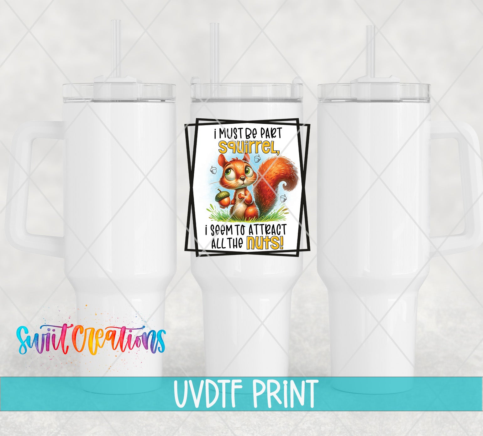 a set of three white tumblers with a squirrel on them