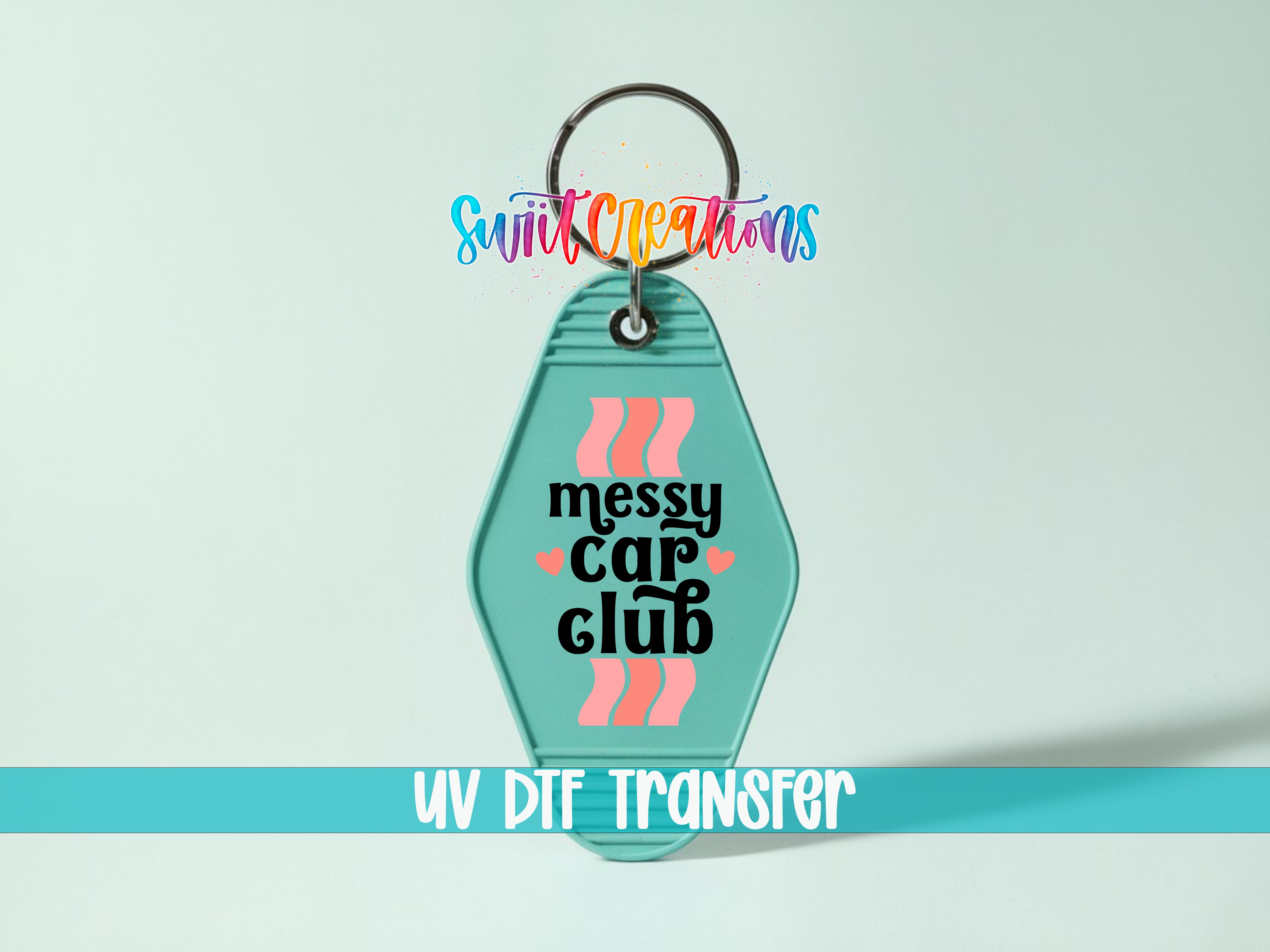 A keychain with the text "messed up car club" printed on it, along with a colorful logo.