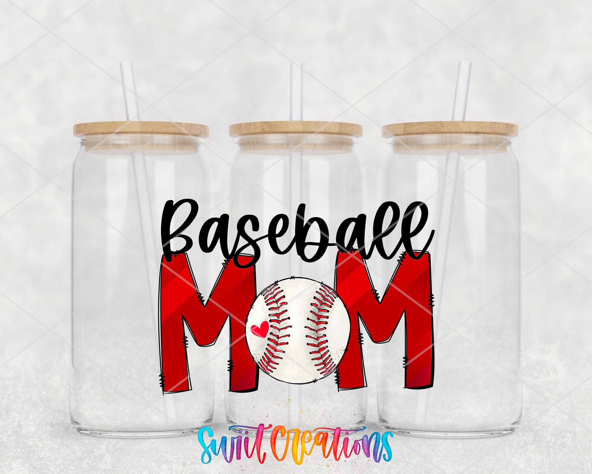 a couple of mason jars with baseball mom on them