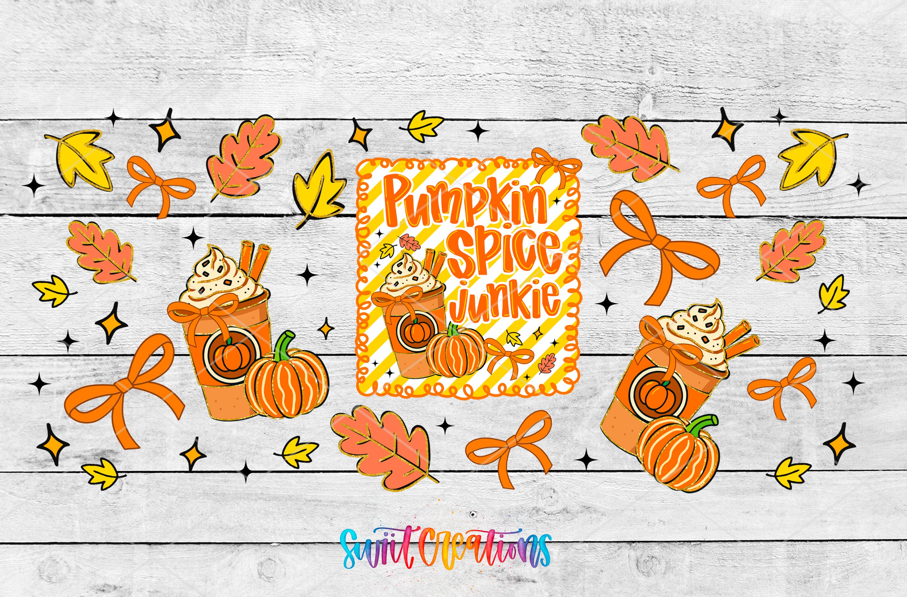 The image is a vibrant and festive illustration featuring a variety of autumn-themed elements, including pumpkins, leaves, and a sign that reads "Pumpkin Spice Junkie".