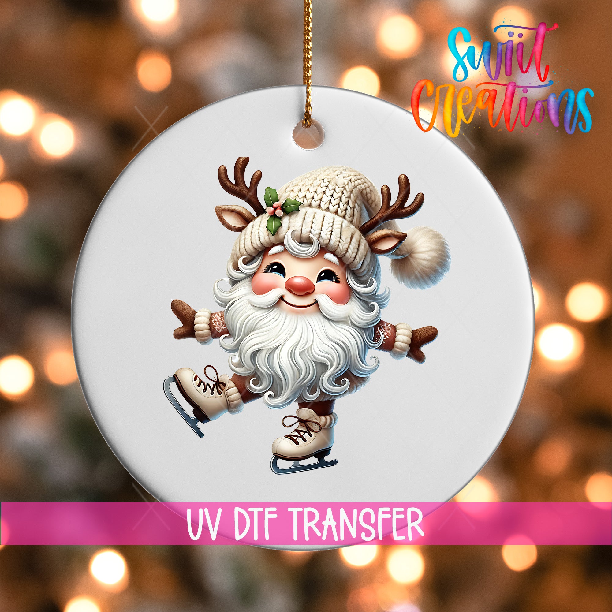 A white ornament with a smiling reindeer figure wearing a hat and skis, set against a background of colorful lights.