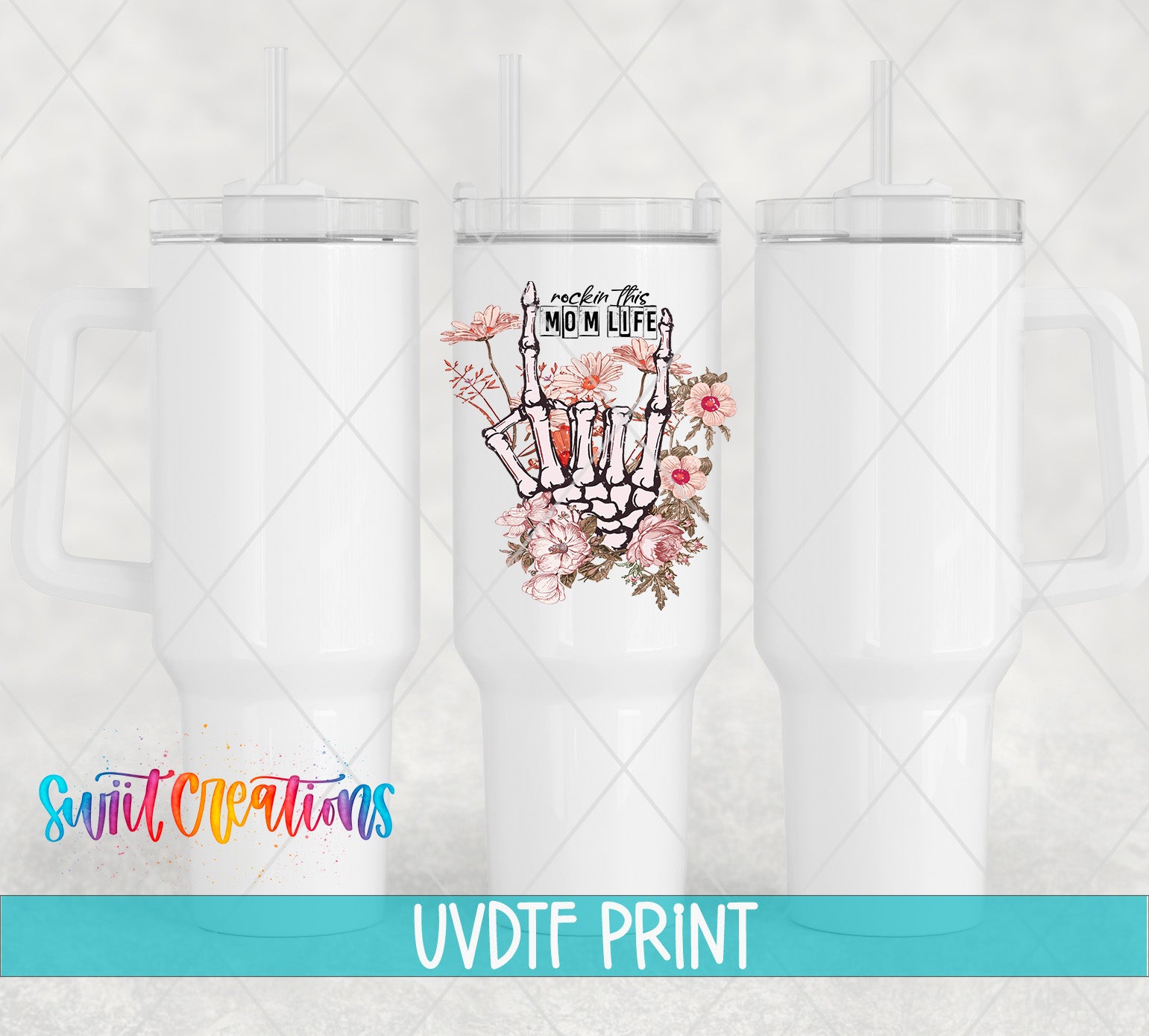 three white tumblers with a floral design and text printed on them.