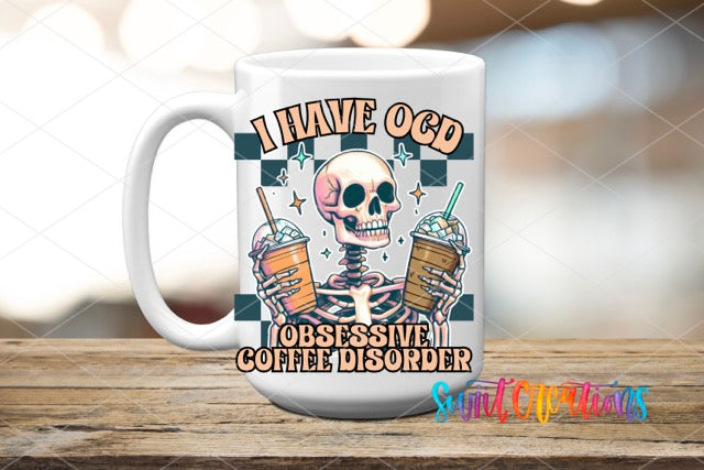 a coffee mug with a skeleton holding two cups