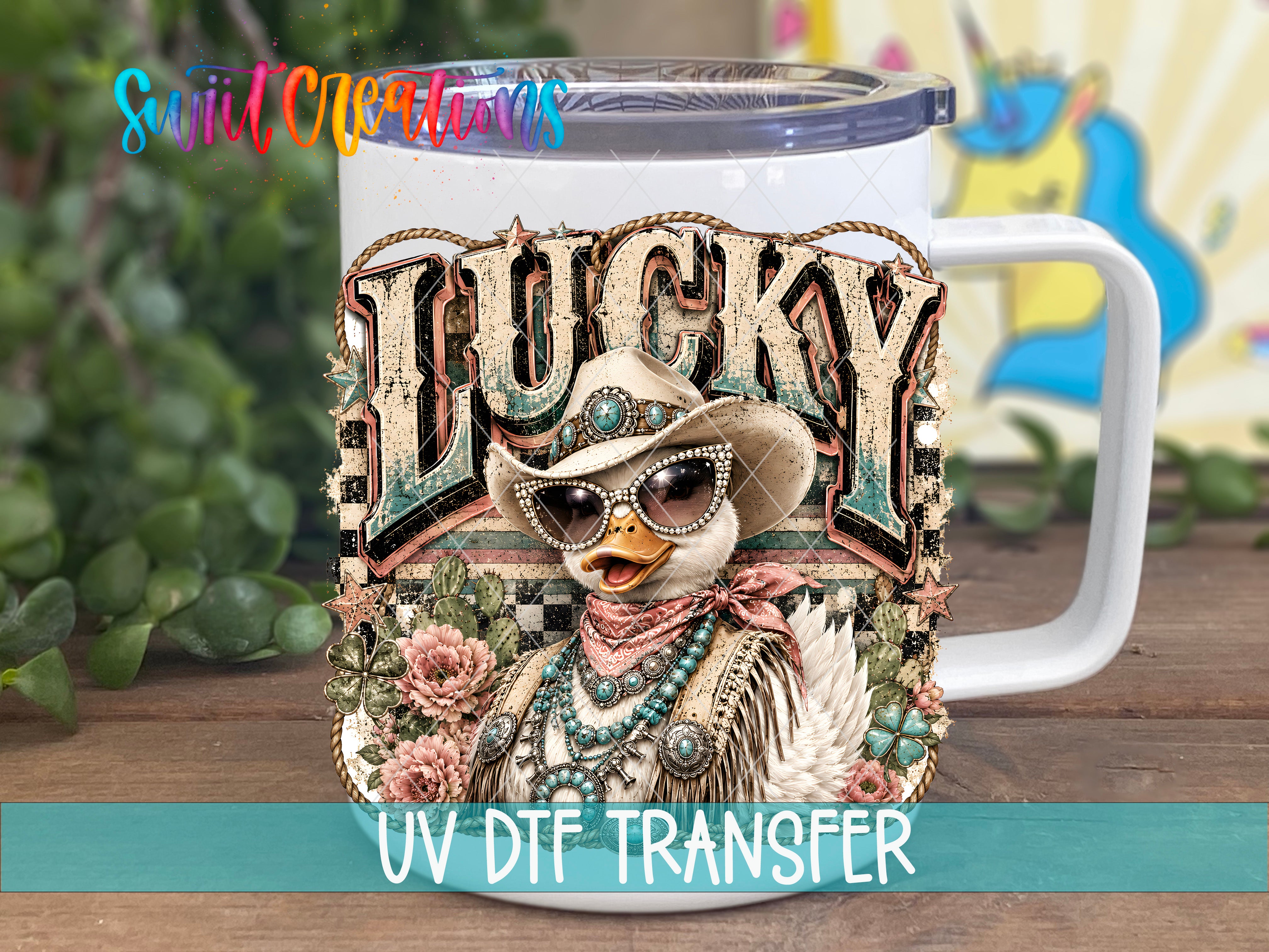 A mug with a colorful, whimsical design featuring a cartoon duck wearing sunglasses and a cowboy hat, surrounded by flowers and other decorative elements.