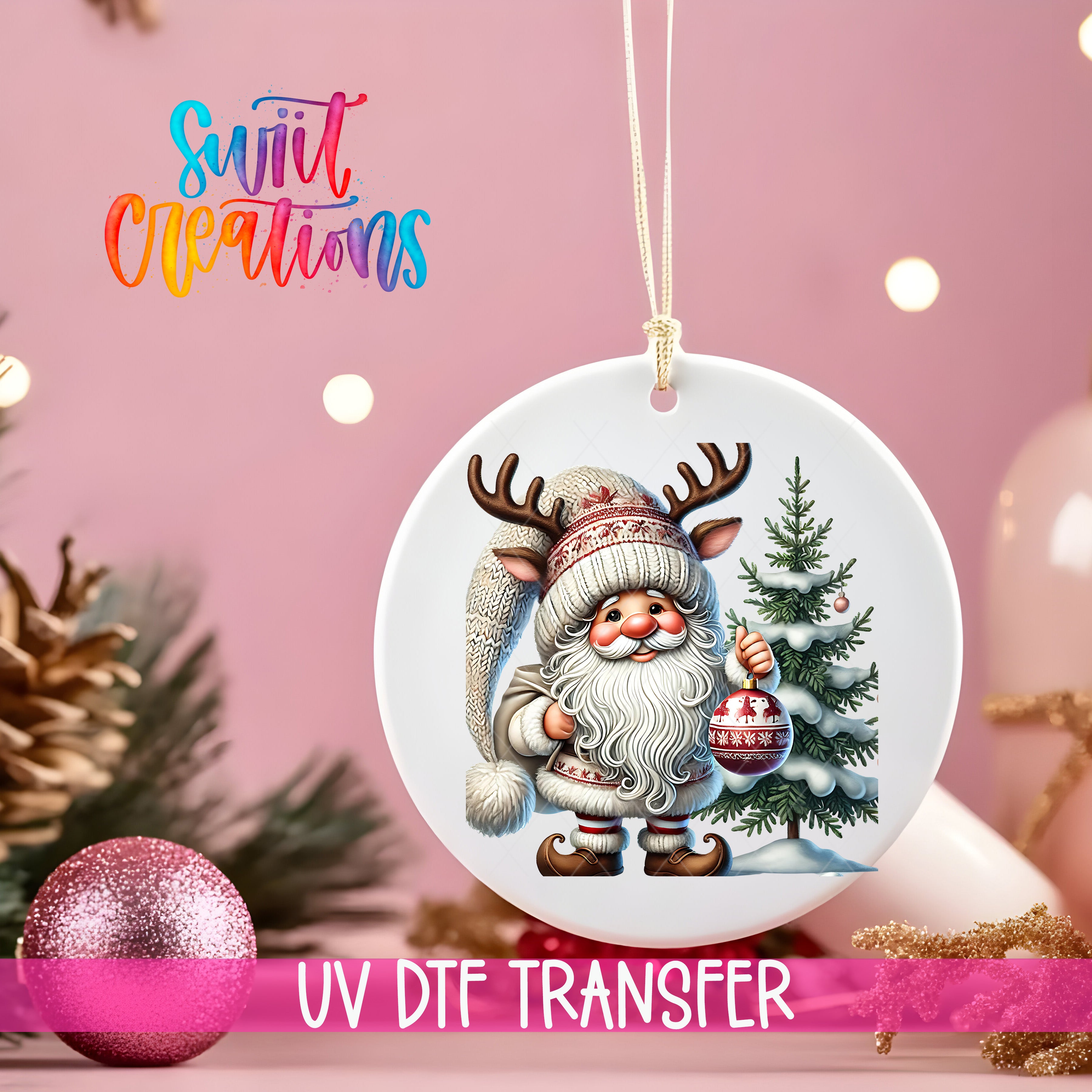 A white ornament featuring a cartoon Santa Claus holding a Christmas tree and a reindeer, with the text "UV Dtf Transfer" below the ornament.