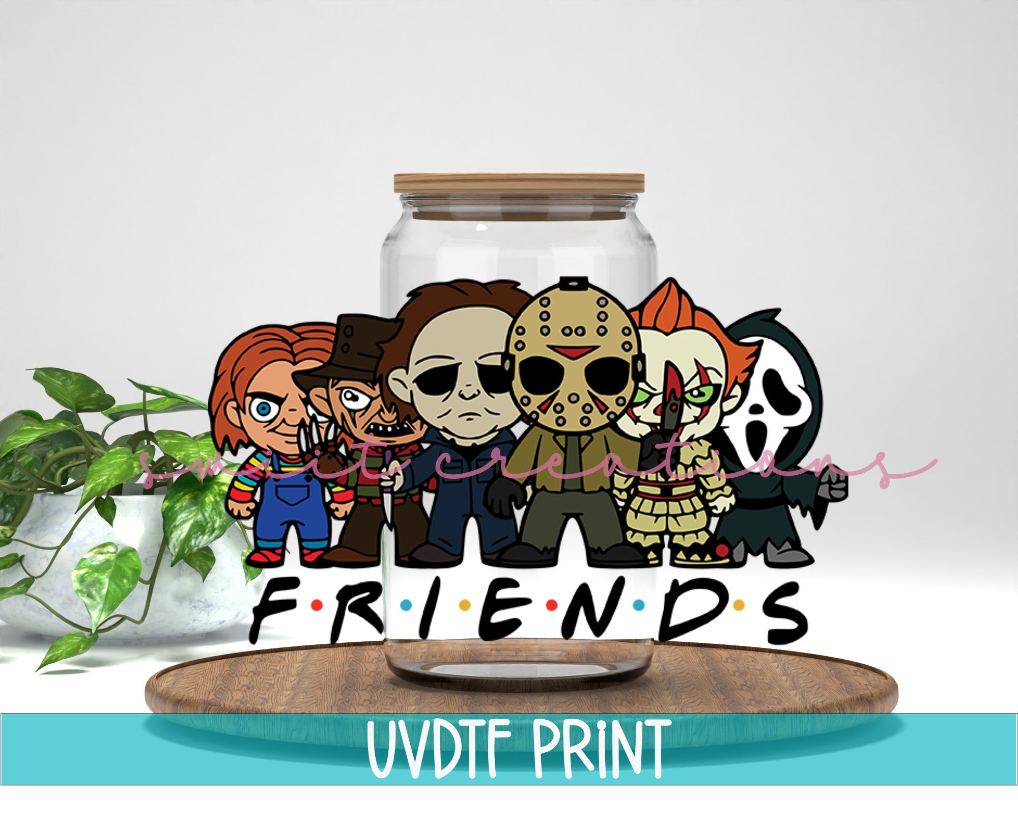 a group of cartoon characters standing in front of a jar