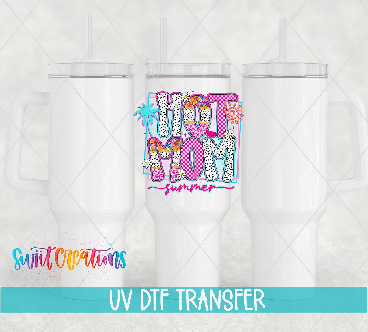 three white tumblers with colorful designs and text, including the phrase "HOT MOM SUMMER".