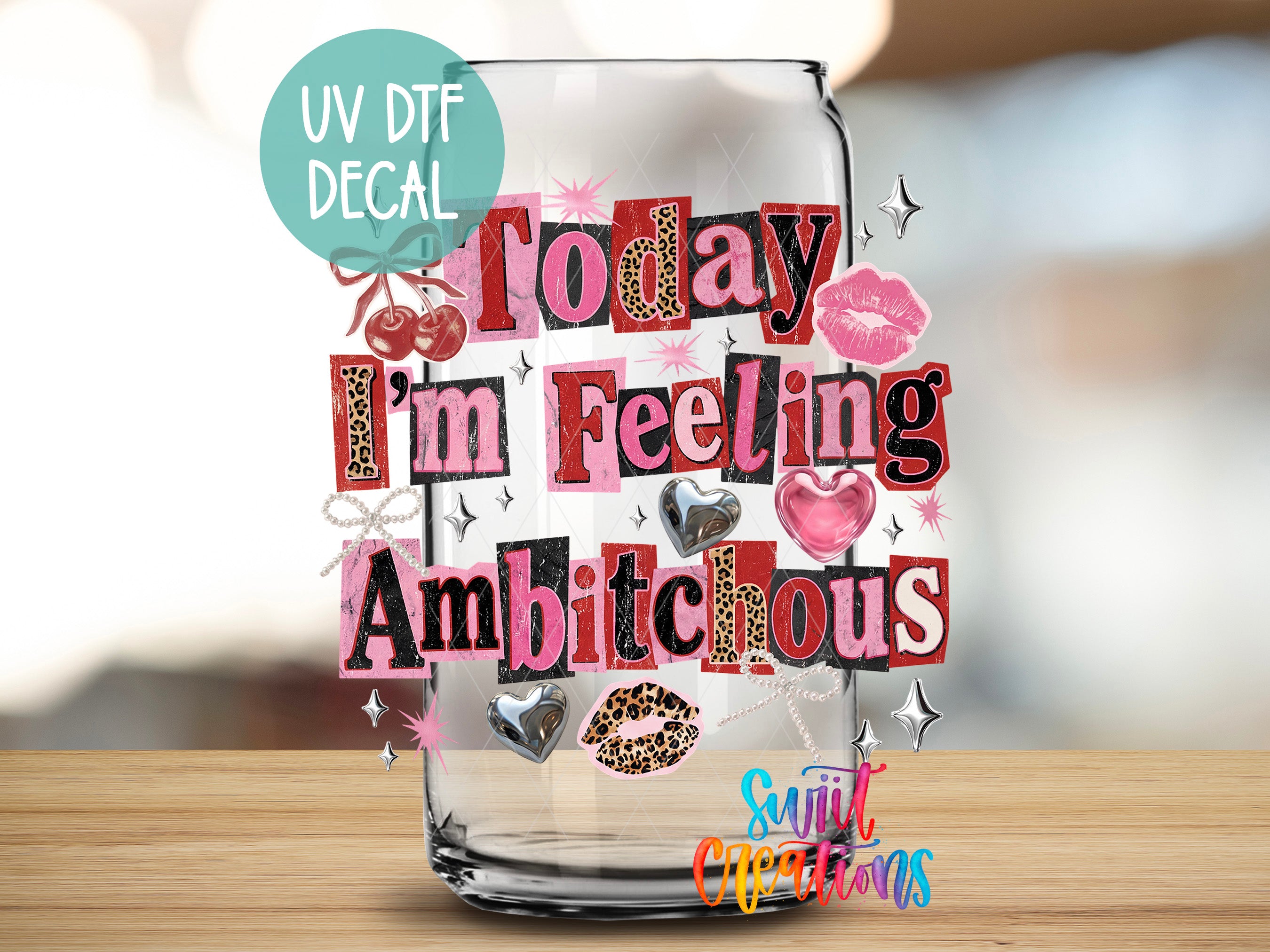 a glass jar with a colorful and playful design, including various decorative elements and text.