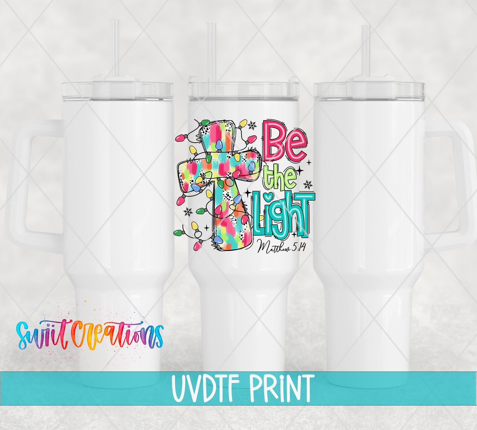 a white ceramic mug with a colorful design and text printed on it.